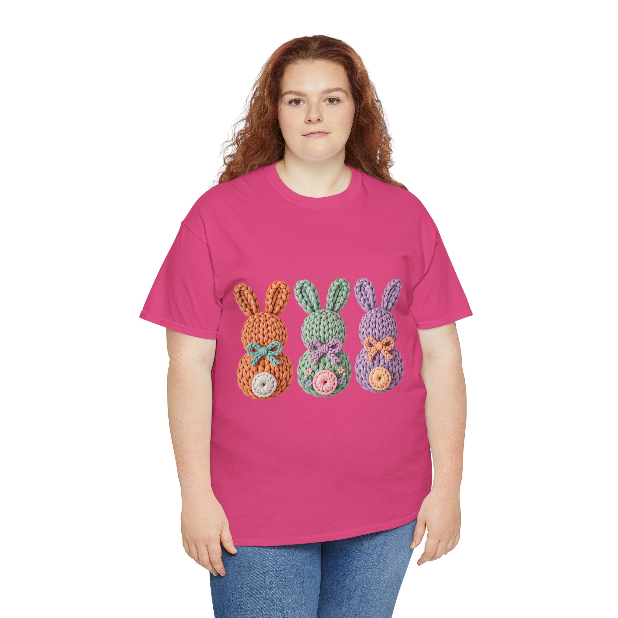Pastel Crochet Bunny Tee — Trio of Faux Knit Bunnies with Bows & Flowers Unisex Cotton Tee