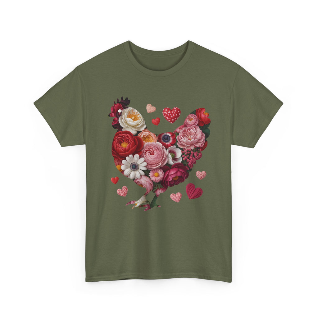 Floral Chicken Heart Tee — Red & Pink Flower Silhouette Unisex Cotton Tee