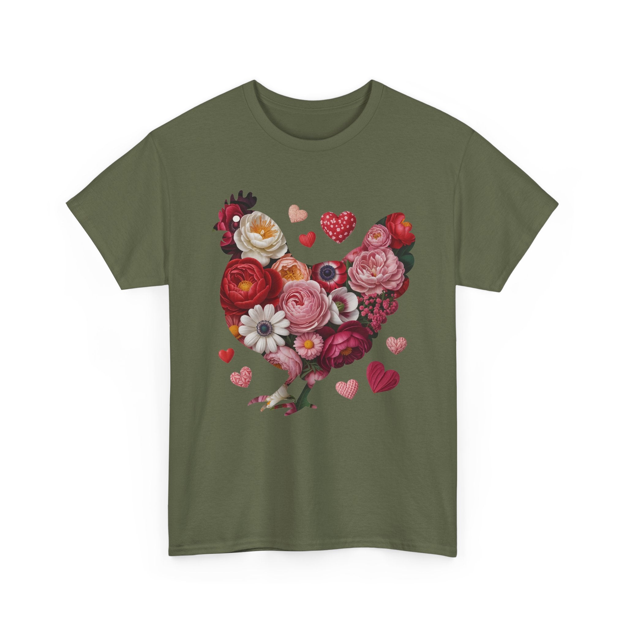 Floral Chicken Heart Tee — Red & Pink Flower Silhouette Unisex Cotton Tee