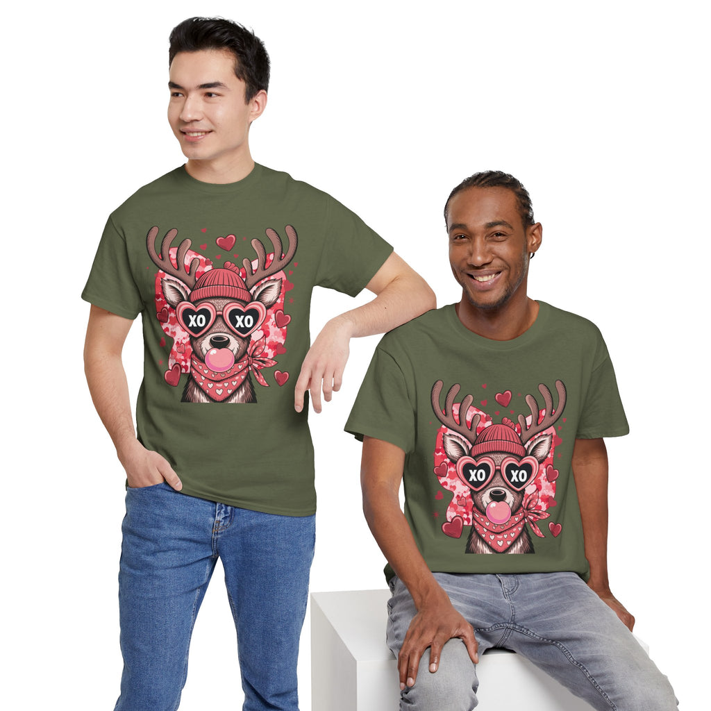 Valentine Deer Tee — Cute XO Heart Glasses, Beanie & Scarf Unisex Cotton Tshirt