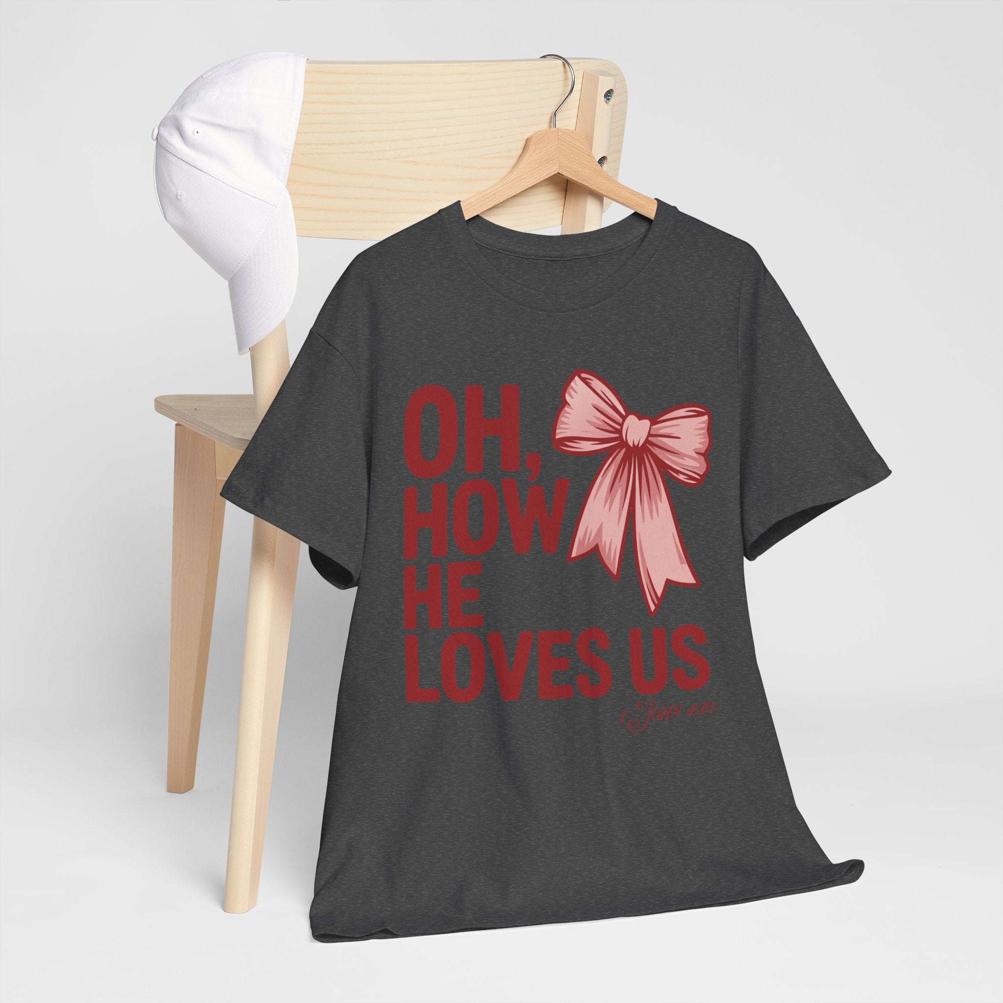 Oh, How He Loves Us Christian Valentine Tee — 1 John 4:10 Red & Pink Unisex Cotton Tee