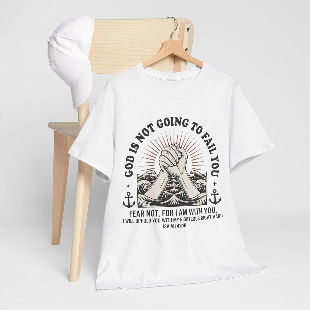Isaiah 41:10 "Fear Not, For I Am With You" T-Shirt — Clasped Hands Rising from Waves Christian Unisex Cotton Tee