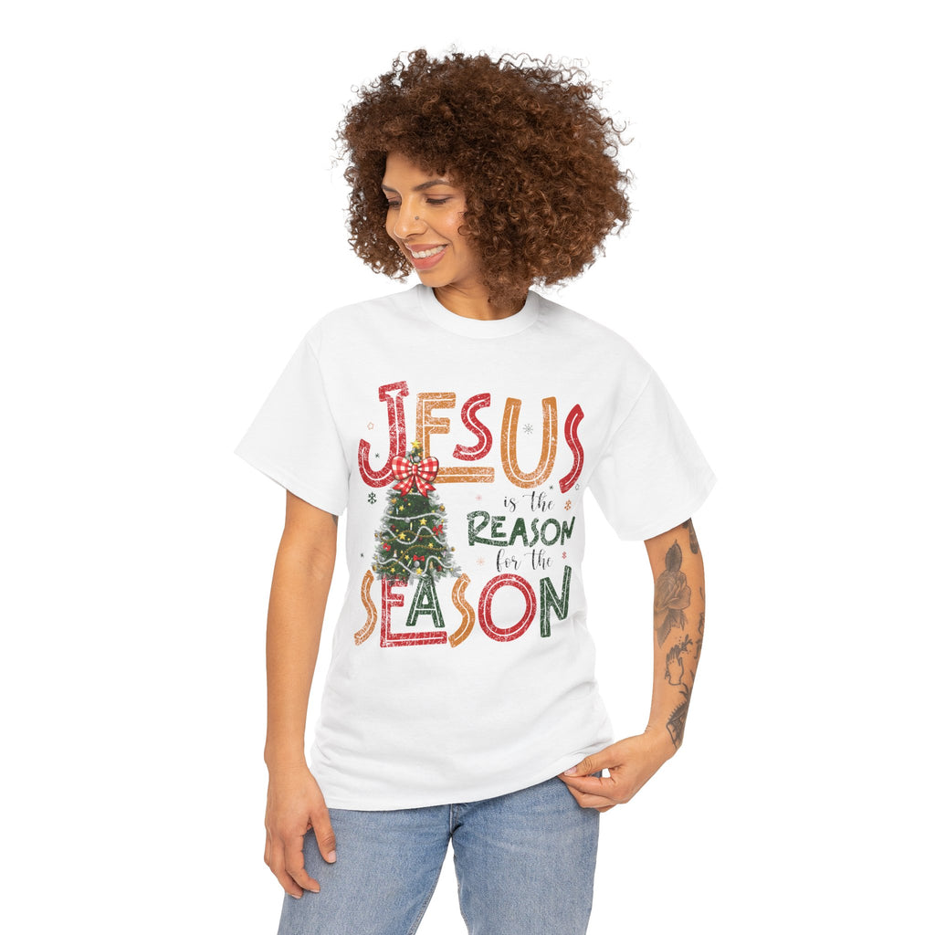 Jesus Is the Reason for the Season Christmas T-Shirt — Plaid Bow Tree..Unisex Cotton Tee