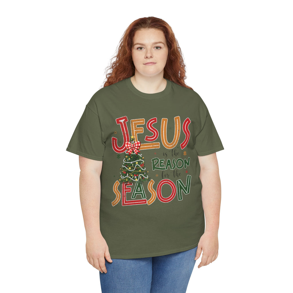 Jesus Is the Reason for the Season Christmas T-Shirt — Plaid Bow Tree..Unisex Cotton Tee