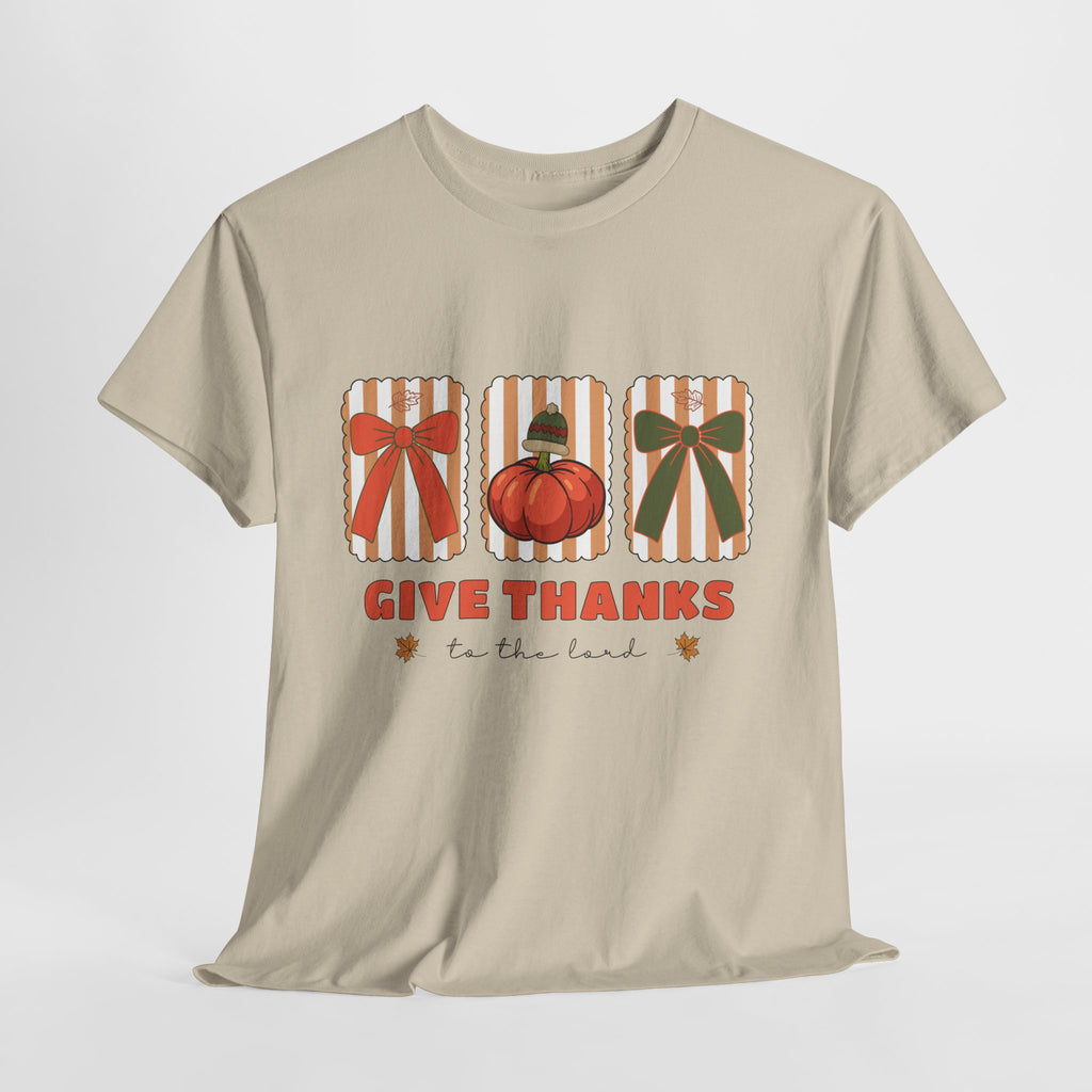 Give Thanks Thanksgiving T-Shirt — Pumpkin with Hat & Bows Unisex Cotton Tee