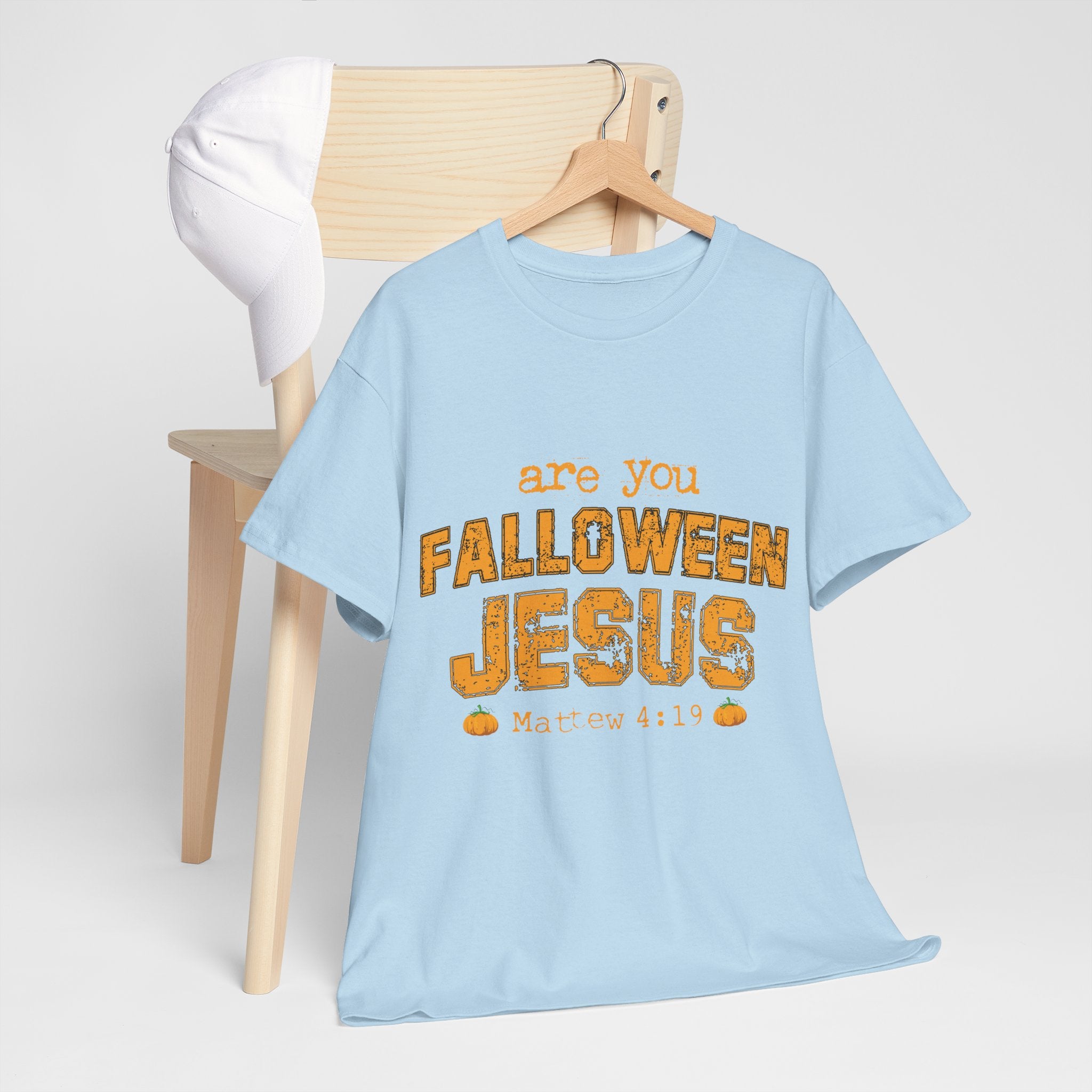 Christian Halloween T-Shirt — “Are You Falloween Jesus? Matthew 4:19” Distressed Pumpkin Design. Unisex Cotton Tee