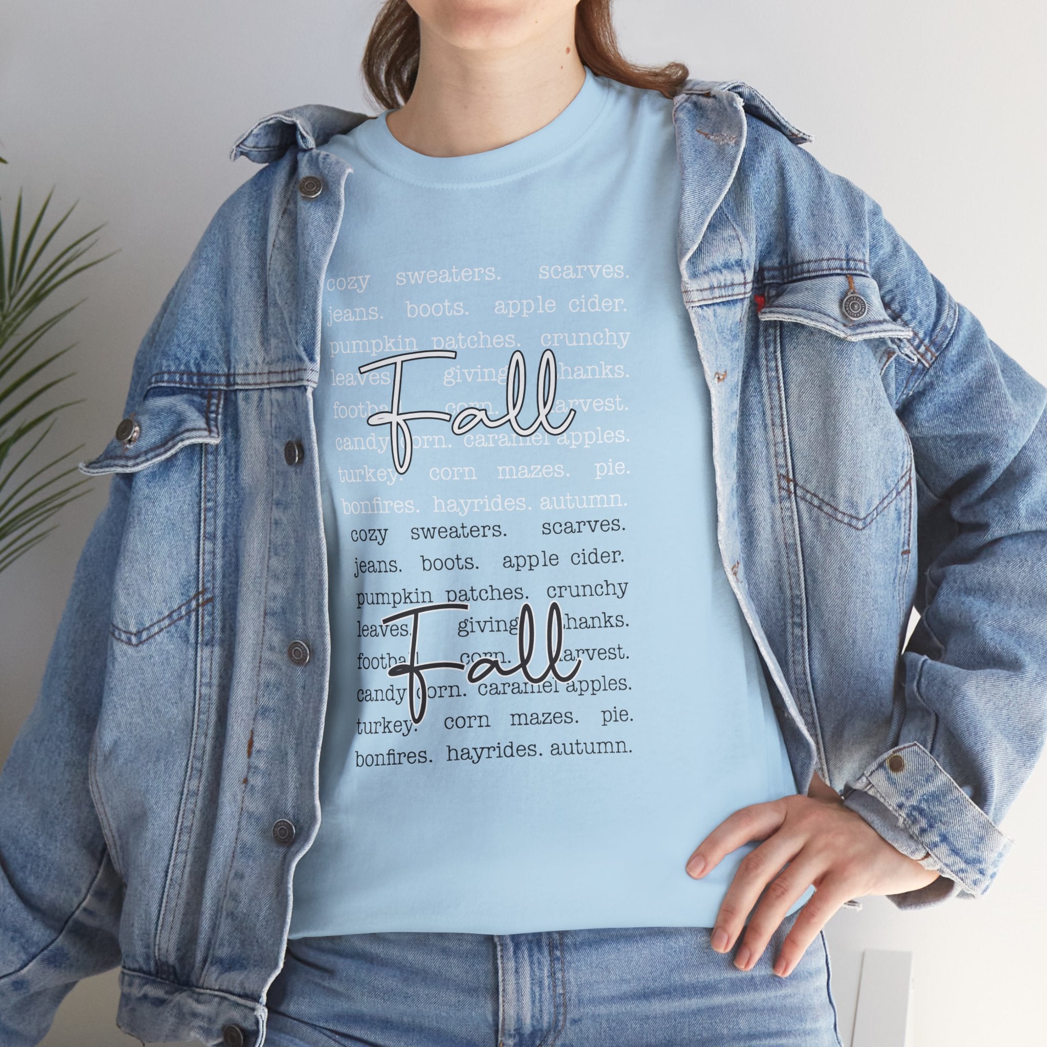 Fall Cursive Typography T-Shirt — Sweaters, Cider & Pumpkins. Unisex Cotton Tee