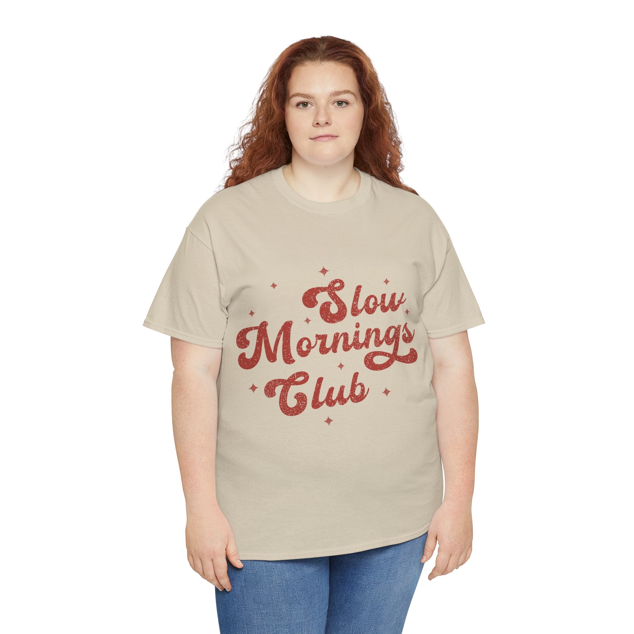 Slow Mornings Club T-Shirt — Retro Red Sparkle Unisex Cotton Tee