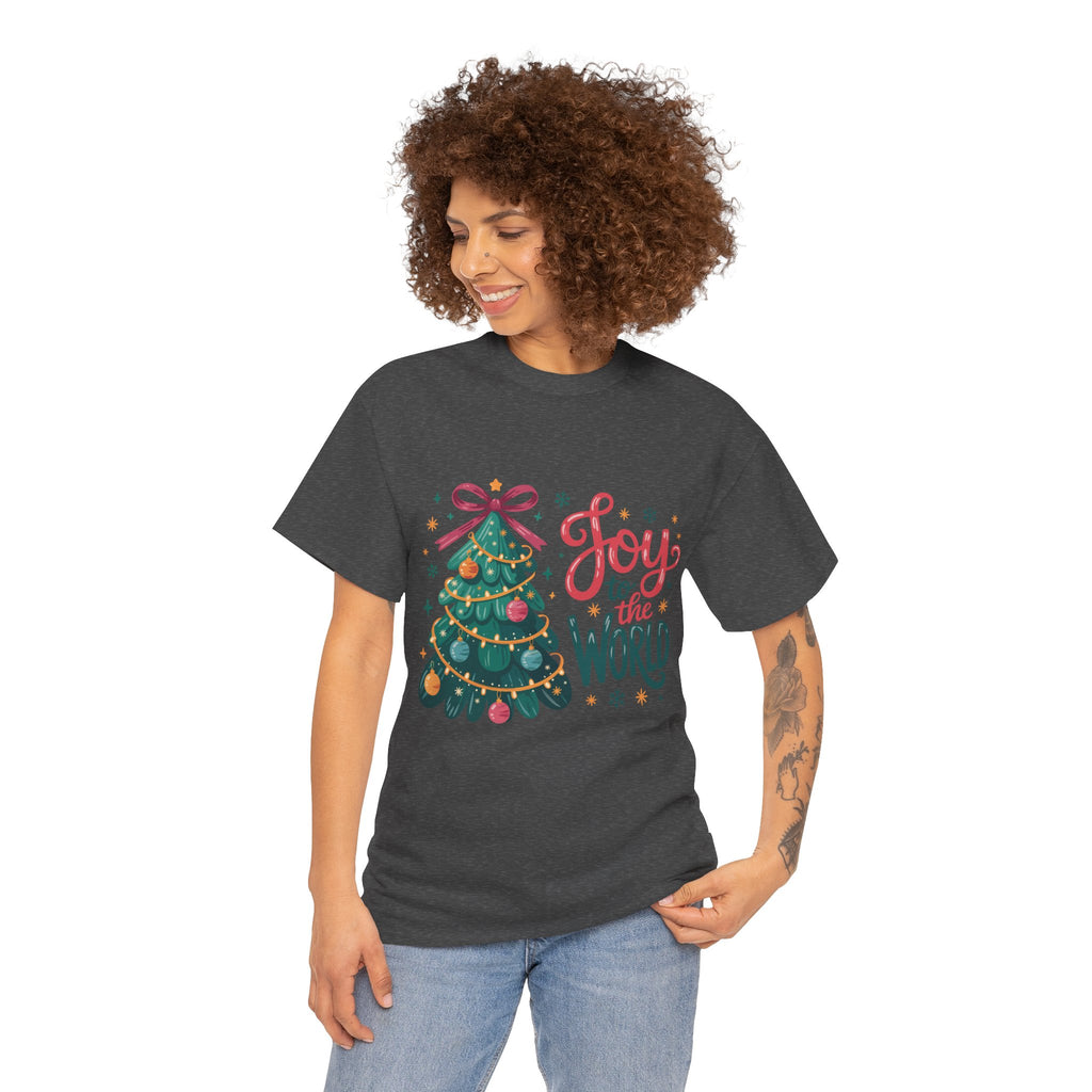 Joy to the World Christmas Tee — Festive Tree with Pink Bow..Unisex Cotton Tee