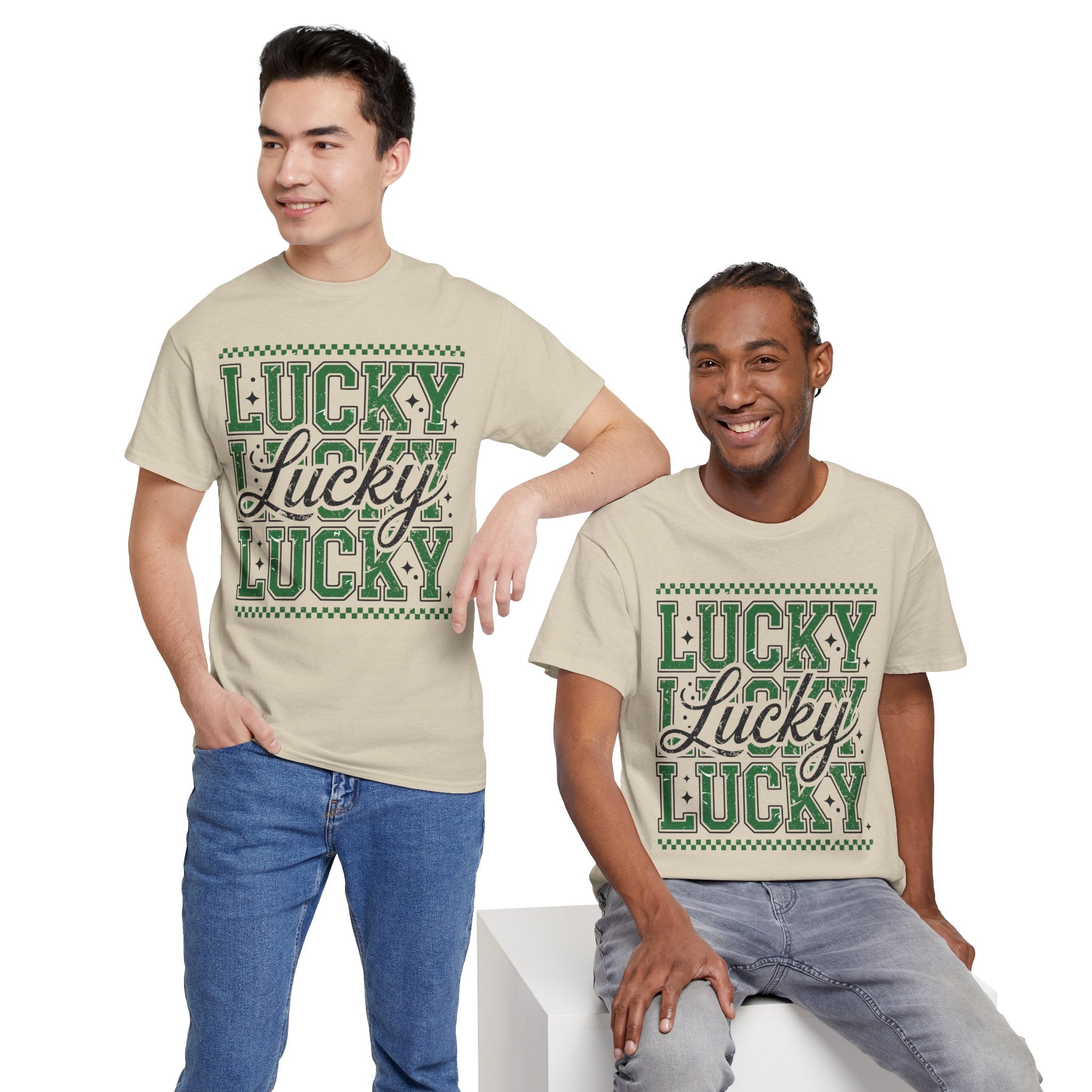 Lucky Varsity Tee — Layered Green ‘Lucky’ Graphic Unisex Cotton Tee