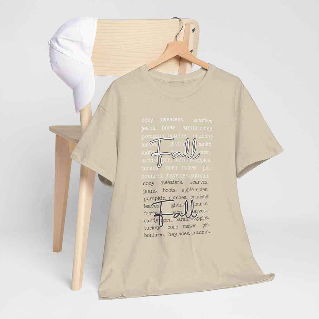Fall Cursive Typography T-Shirt — Sweaters, Cider & Pumpkins. Unisex Cotton Tee