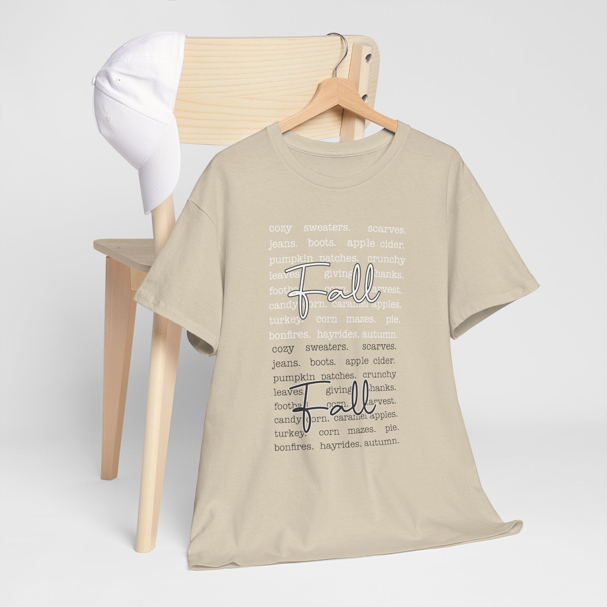 Fall Cursive Typography T-Shirt — Sweaters, Cider & Pumpkins. Unisex Cotton Tee