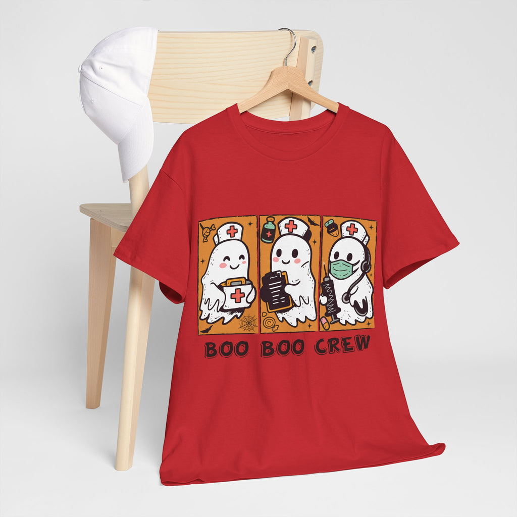 Halloween Nurse T-Shirt — Ghost Nurses Holding Medical Tools on Orange Unisec Cotton Tee