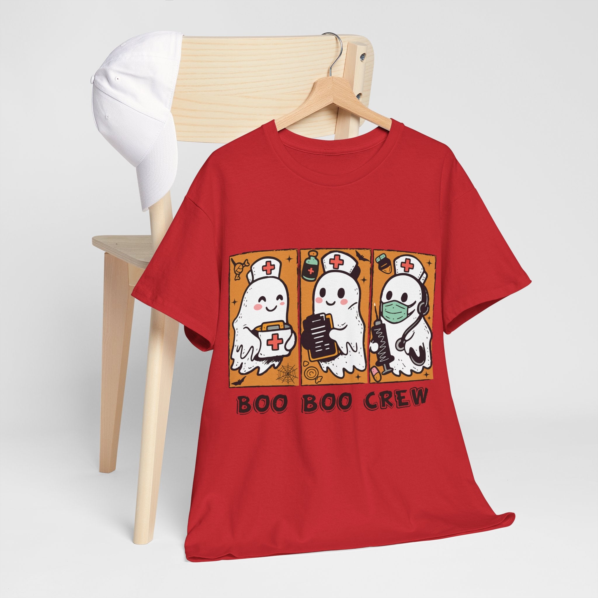 Halloween Nurse T-Shirt — Ghost Nurses Holding Medical Tools on Orange Unisec Cotton Tee