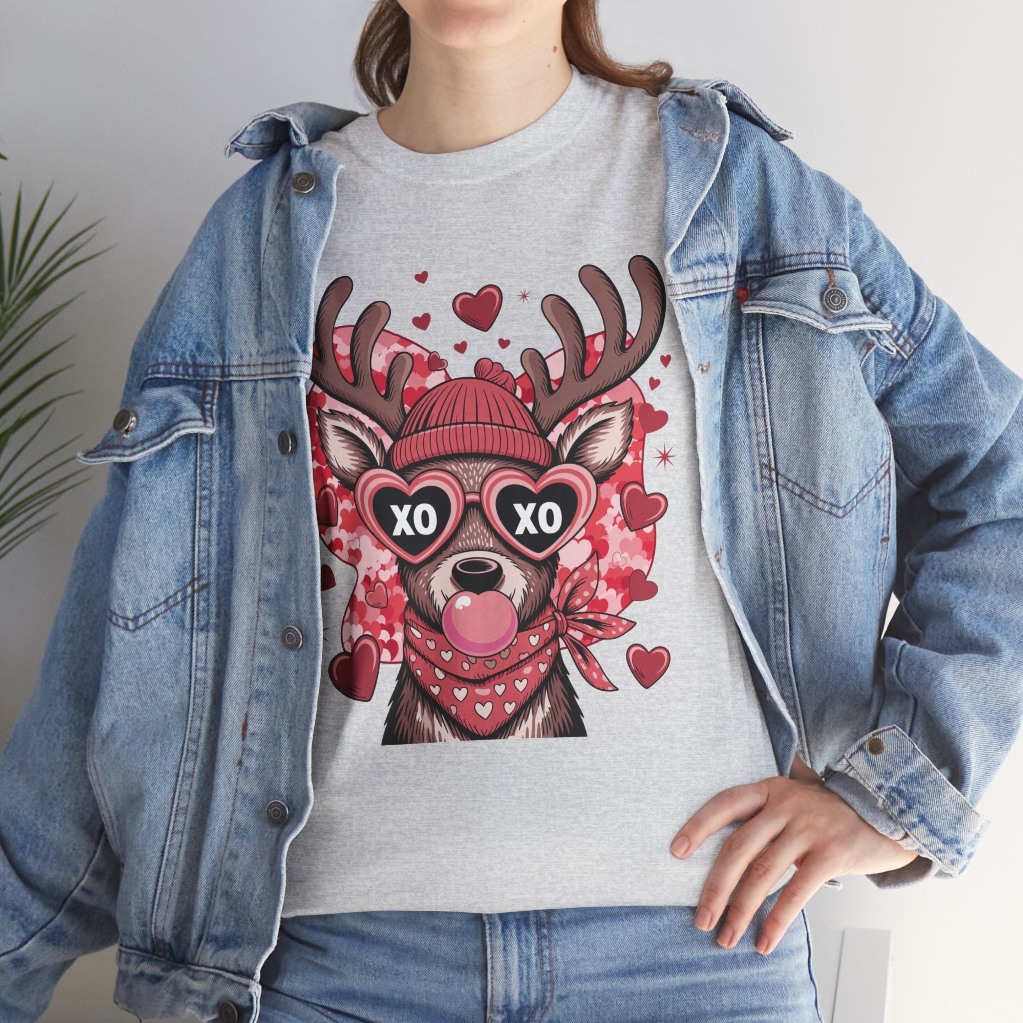 Valentine Deer Tee — Cute XO Heart Glasses, Beanie & Scarf Unisex Cotton Tshirt