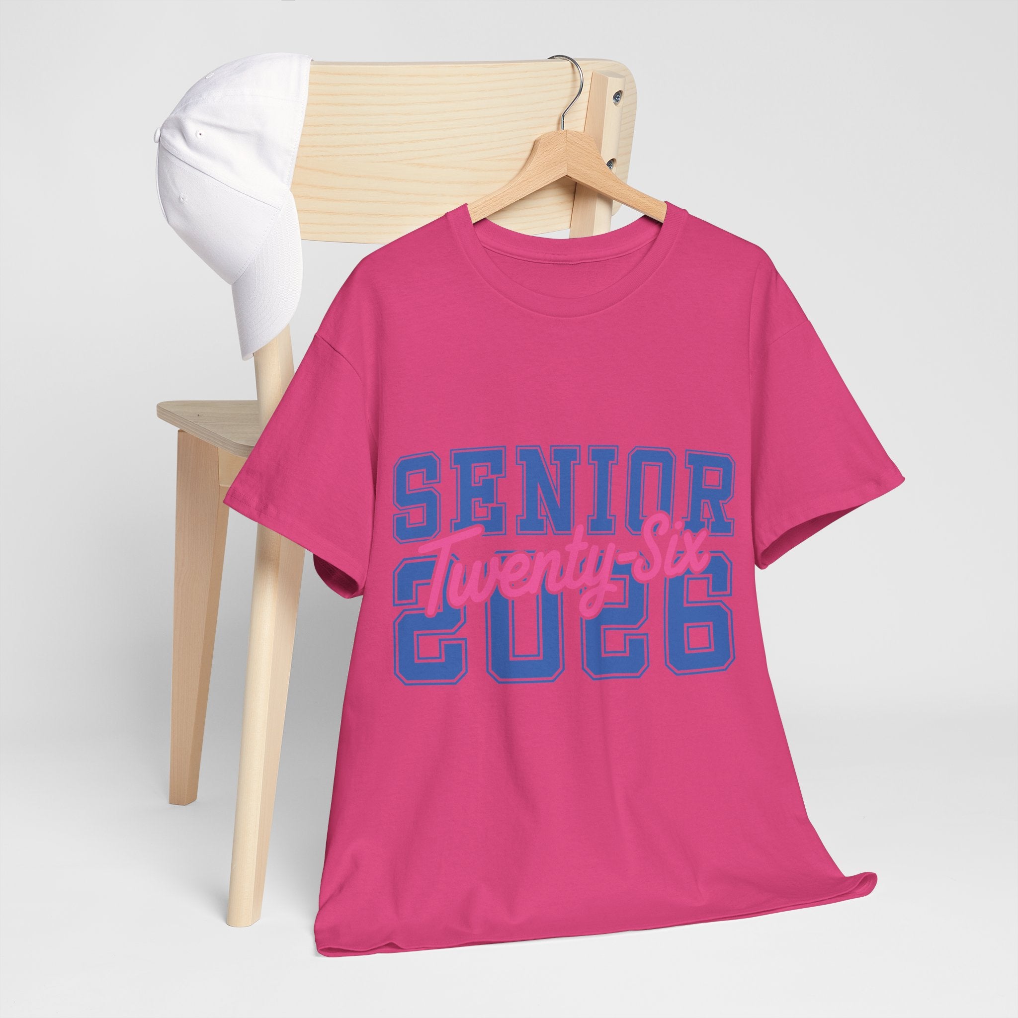 Senior 2026 Tee — Pink Varsity Block with Blue Script Overlay Unisex Cotton Tee