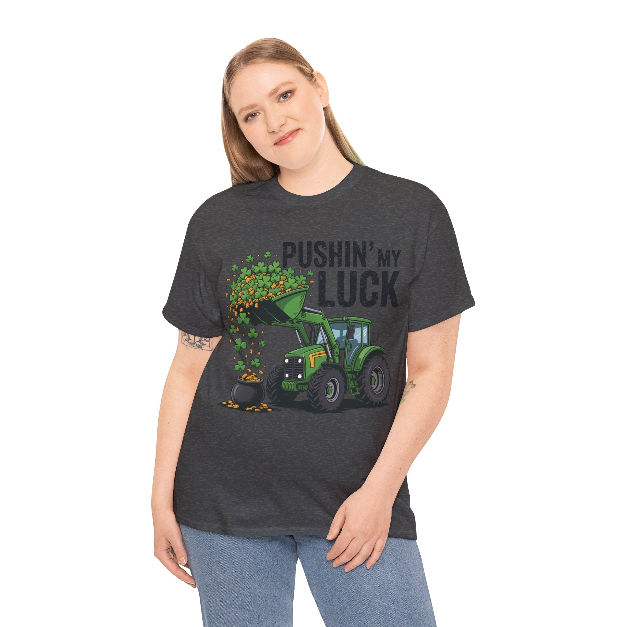 Pushin' My Luck Shamrock Tractor Tee — St. Patrick's Day Unisex Cotton T-Shirt