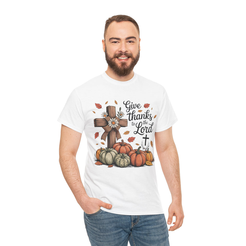 Give Thanks to the Lord Autumn Tee — Wooden Cross, Pumpkins & Daisies..Unisex Cotton Tee