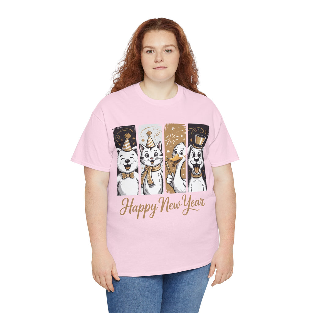 Happy New Year Party Animals T-Shirt — Cute Smiling Animals in Party Hats & Gold Fireworks..Unisex Cotton Tee