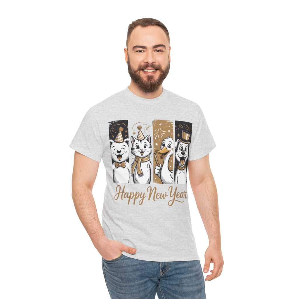 Happy New Year Party Animals T-Shirt — Cute Smiling Animals in Party Hats & Gold Fireworks..Unisex Cotton Tee