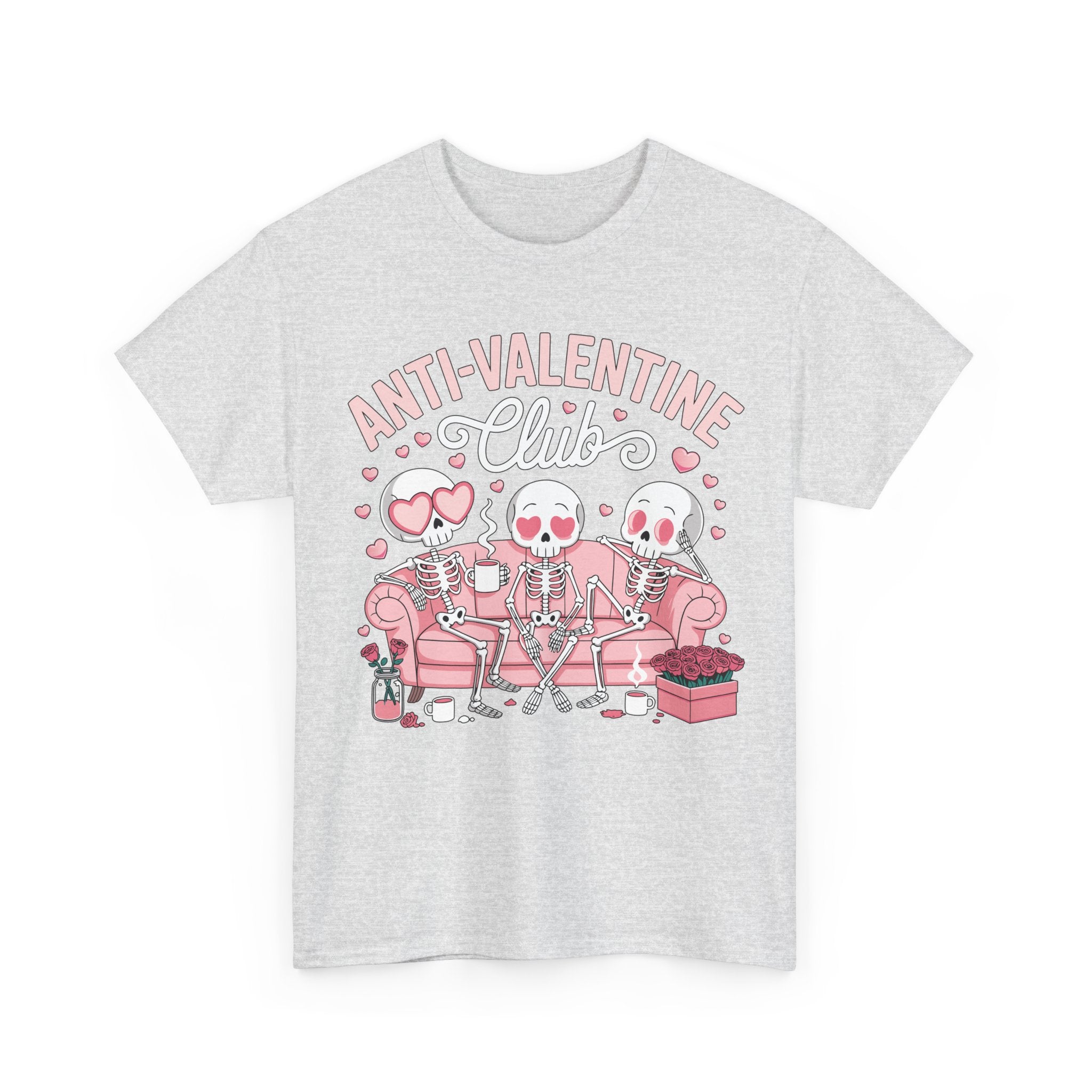 Anti-Valentine Club Skeleton Tee — Anti-Romance Pink Couch Graphic Unisex Cotton T-Shirt