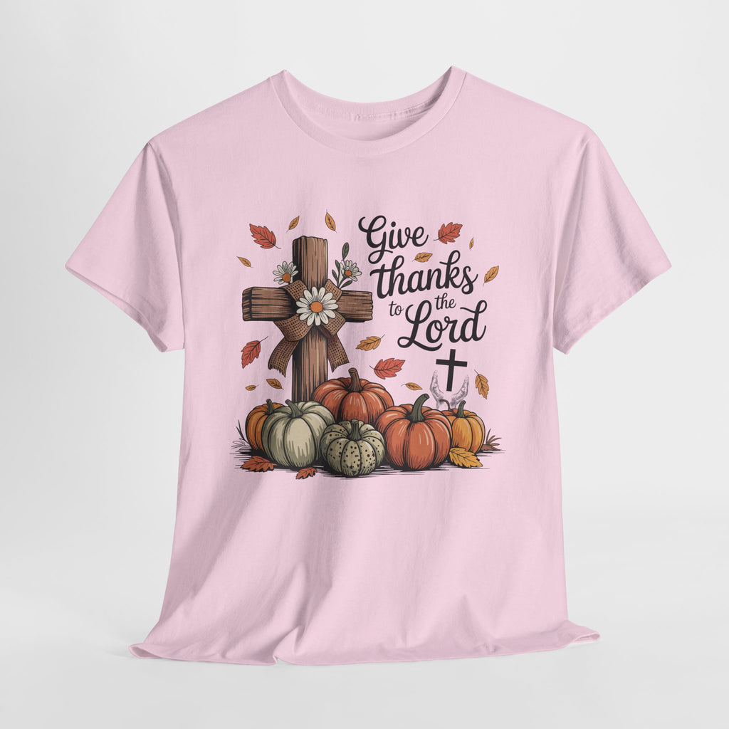 Give Thanks to the Lord Autumn Tee — Wooden Cross, Pumpkins & Daisies..Unisex Cotton Tee