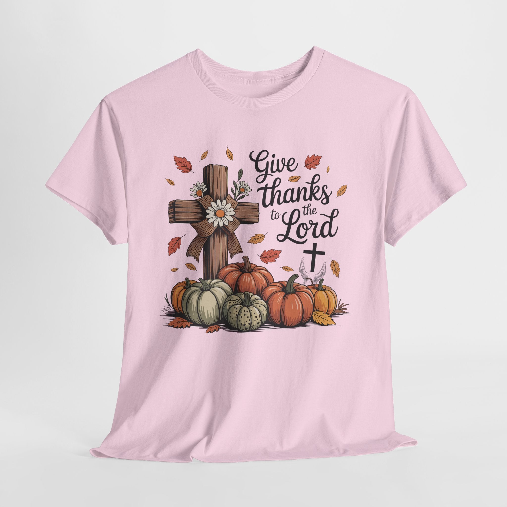 Give Thanks to the Lord Autumn Tee — Wooden Cross, Pumpkins & Daisies..Unisex Cotton Tee