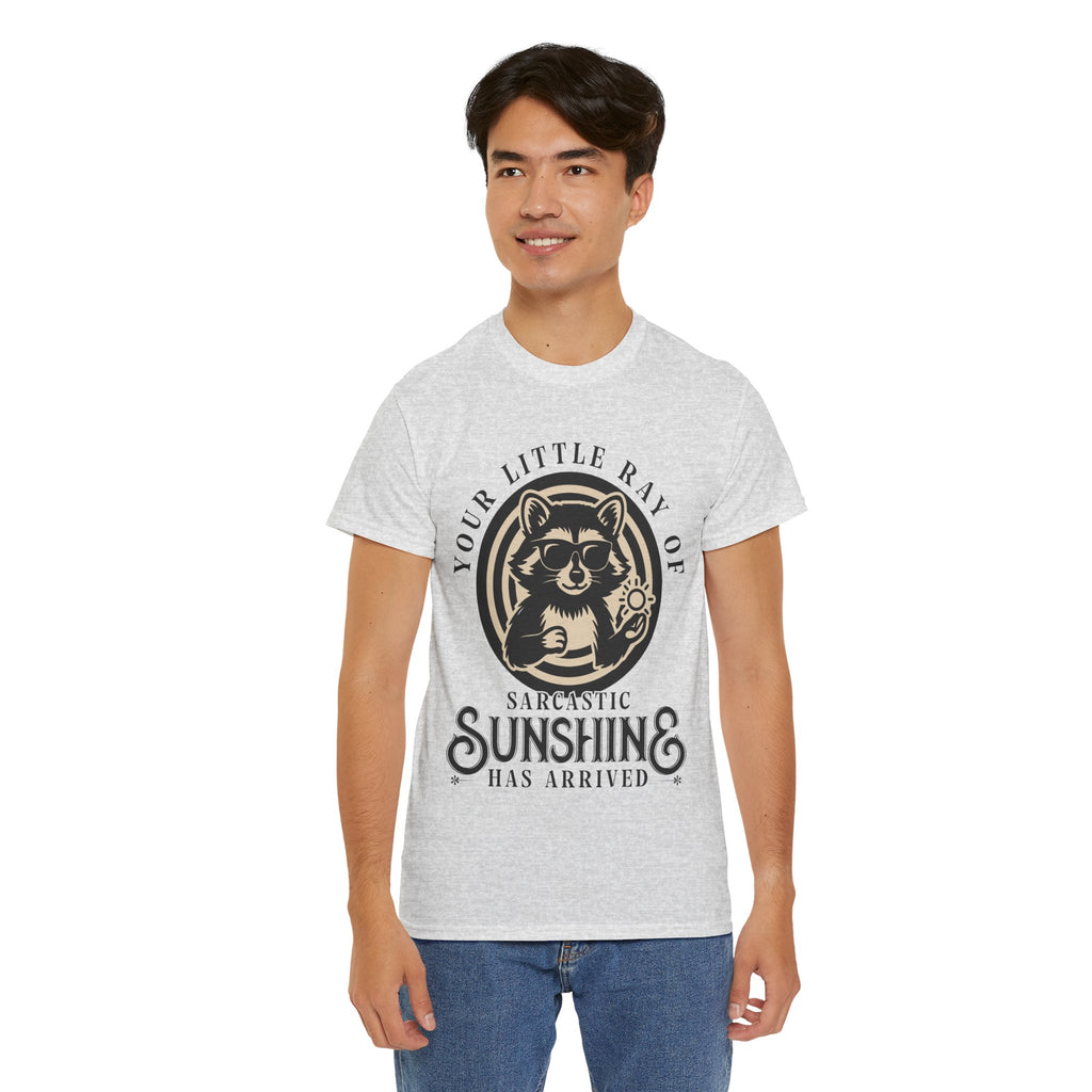 Cool Raccoon Sunglasses T-Shirt — Raccoon Holding Sun Graphic Unisex Cotton Tee