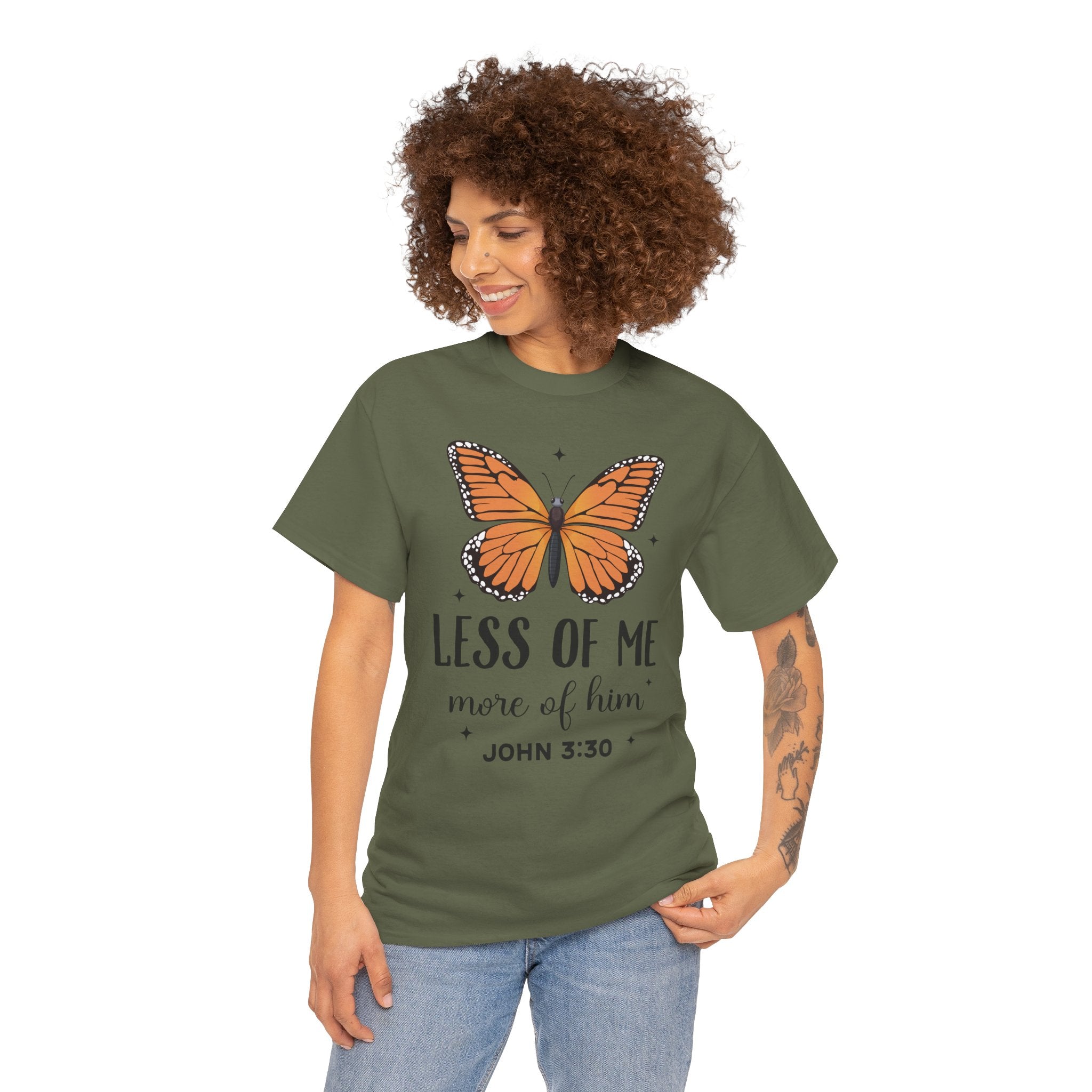 Monarch Butterfly Tee — "Less of Me, More of Him" Christian Unisex cotton T‑Shirt