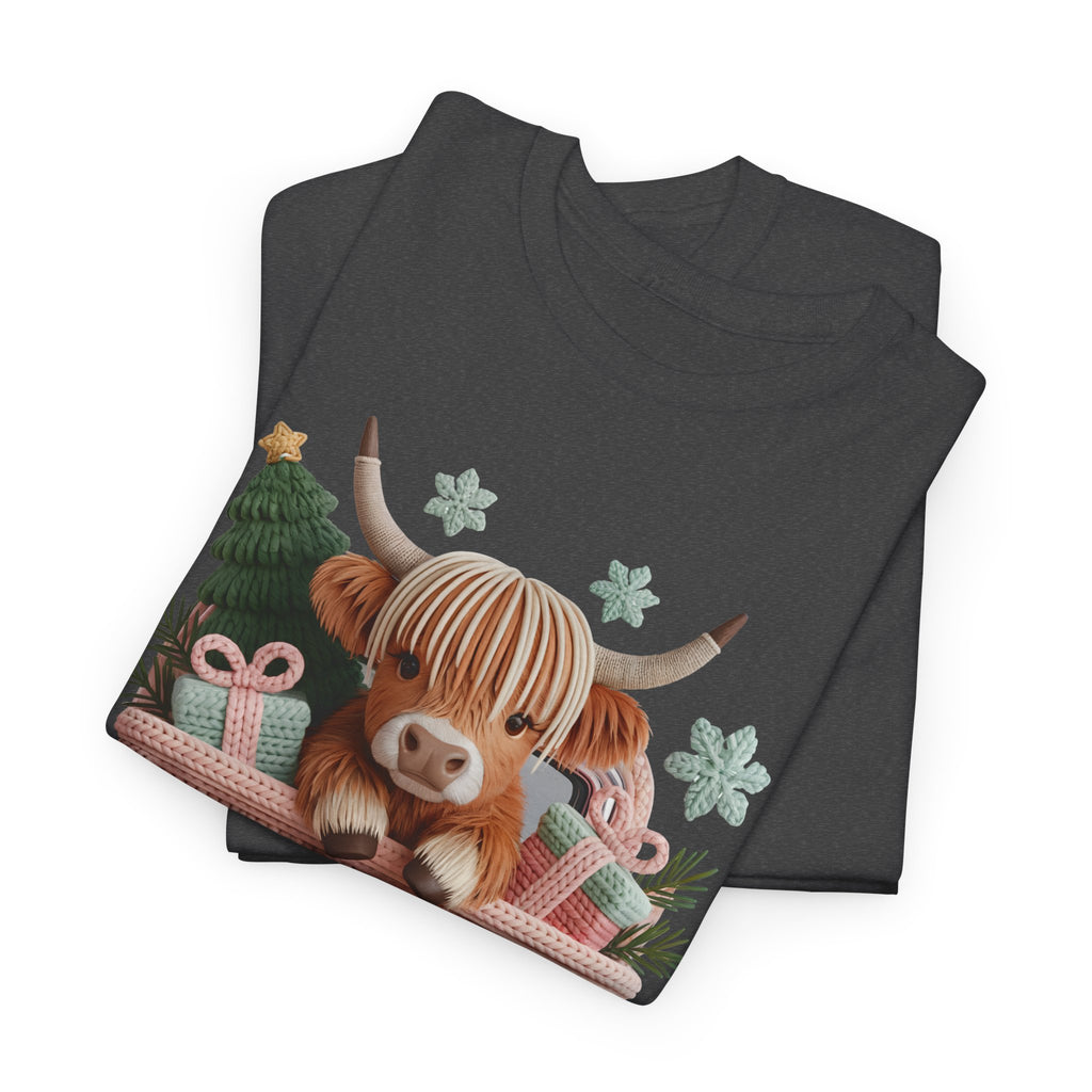 Merry Christmas Highland Cow Knit Truck Unisex Cotton T-Shirt
