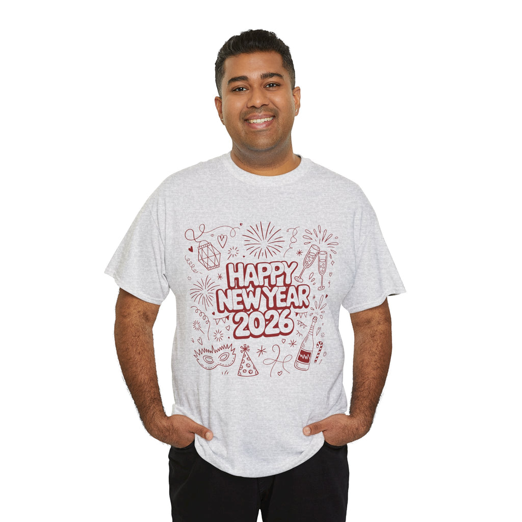 Happy New Year 2026 Doodle T-Shirt — Pink Party Icons & Champagne Unisex Cotton Tee
