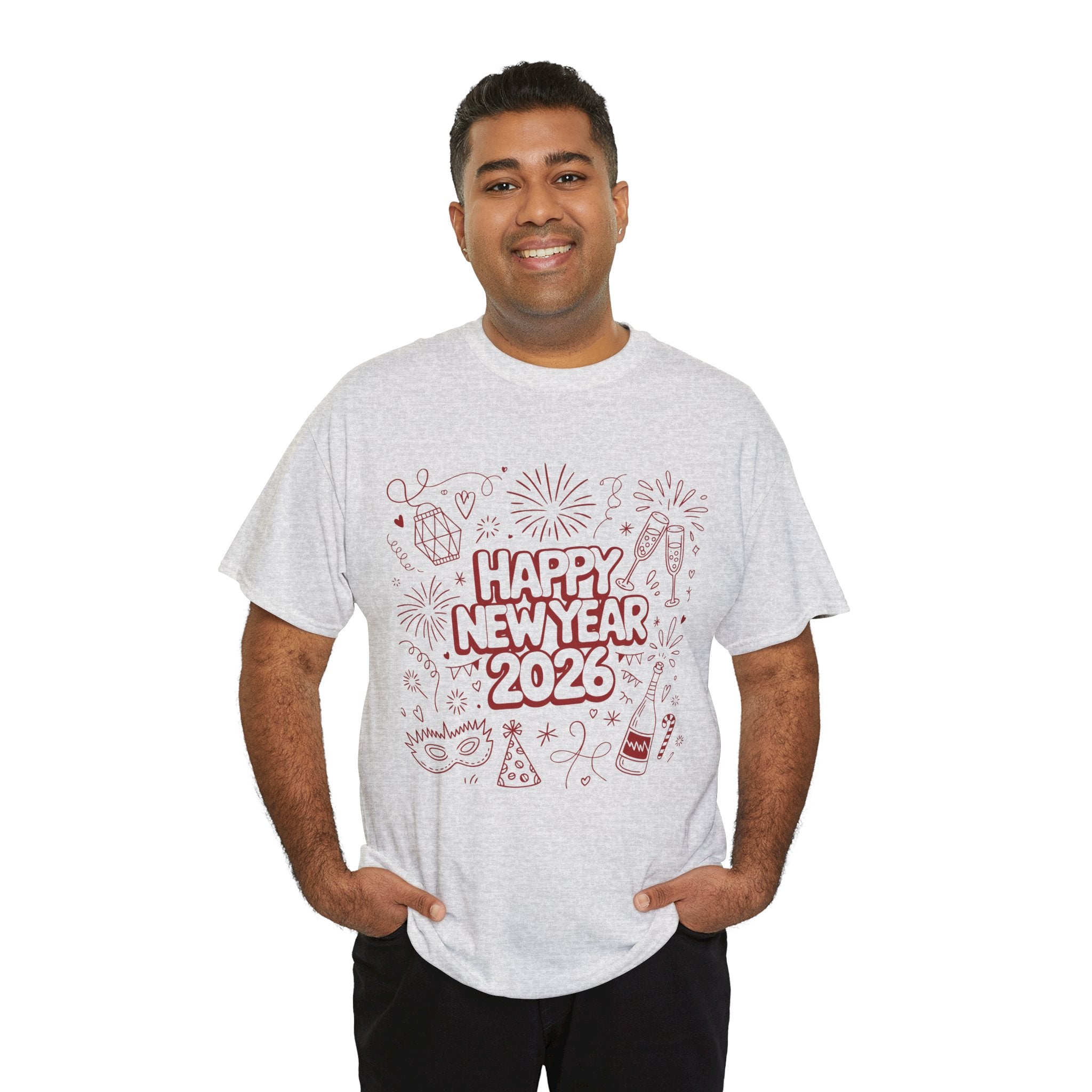 Happy New Year 2026 Doodle T-Shirt — Pink Party Icons & Champagne Unisex Cotton Tee