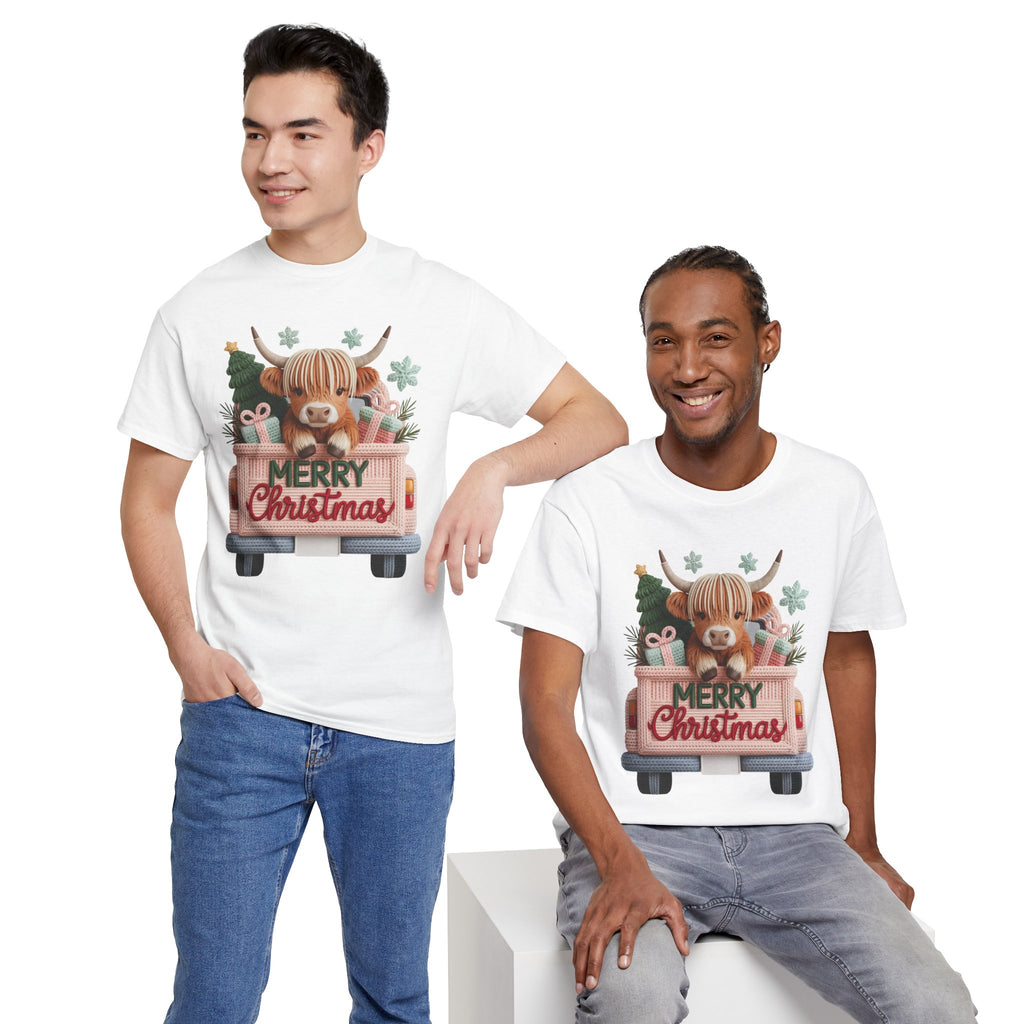 Merry Christmas Highland Cow Knit Truck Unisex Cotton T-Shirt