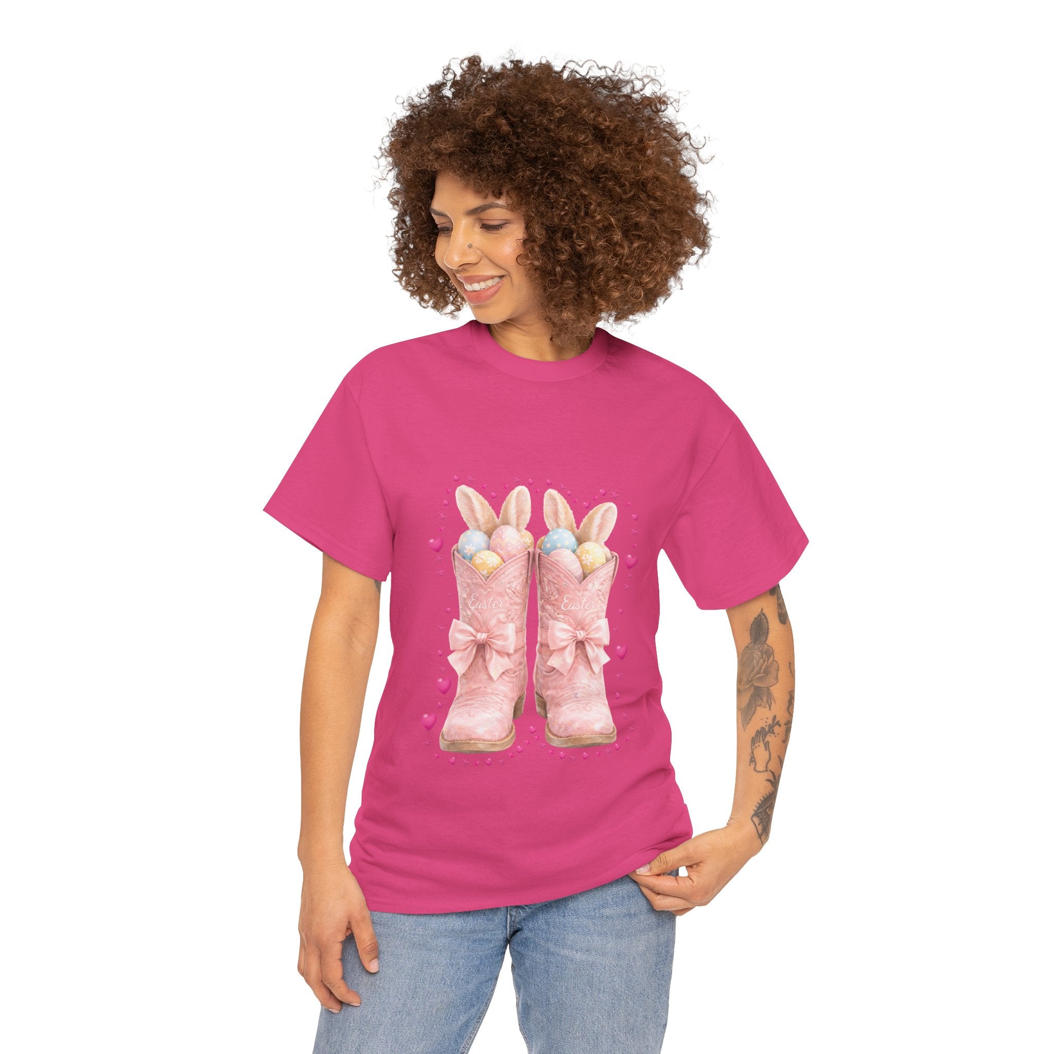Easter Pink Western Boots Tee — Pastel Bunny Eggs & Bows Unisex Cotton Tee