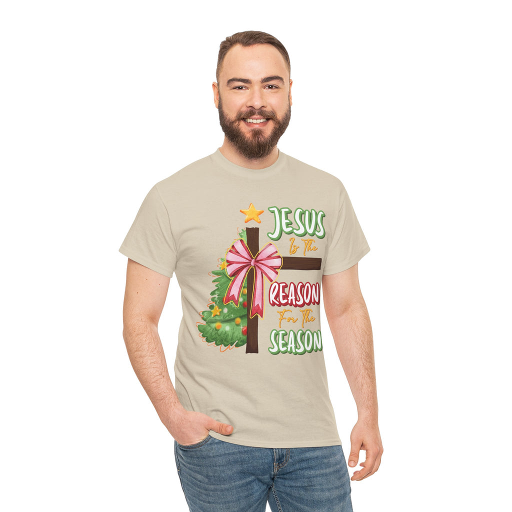 Jesus Is the Reason for the Season Christmas Tee — Cross with Pink Bow & Tree. Unisex Cotton Tee