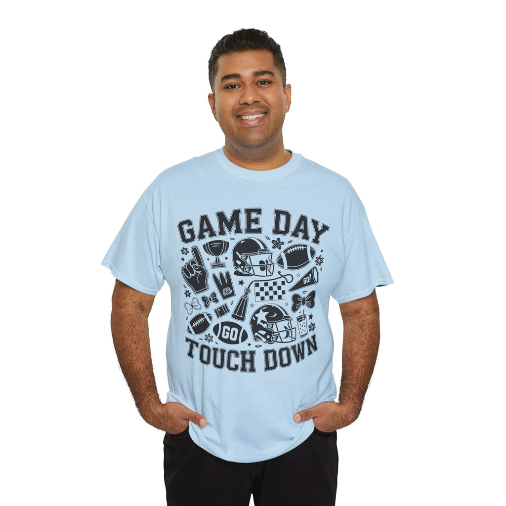 Game Day Touch Down Football T‑Shirt — Helmet & Cheer Monochrome Design Unisex Cotton Tee