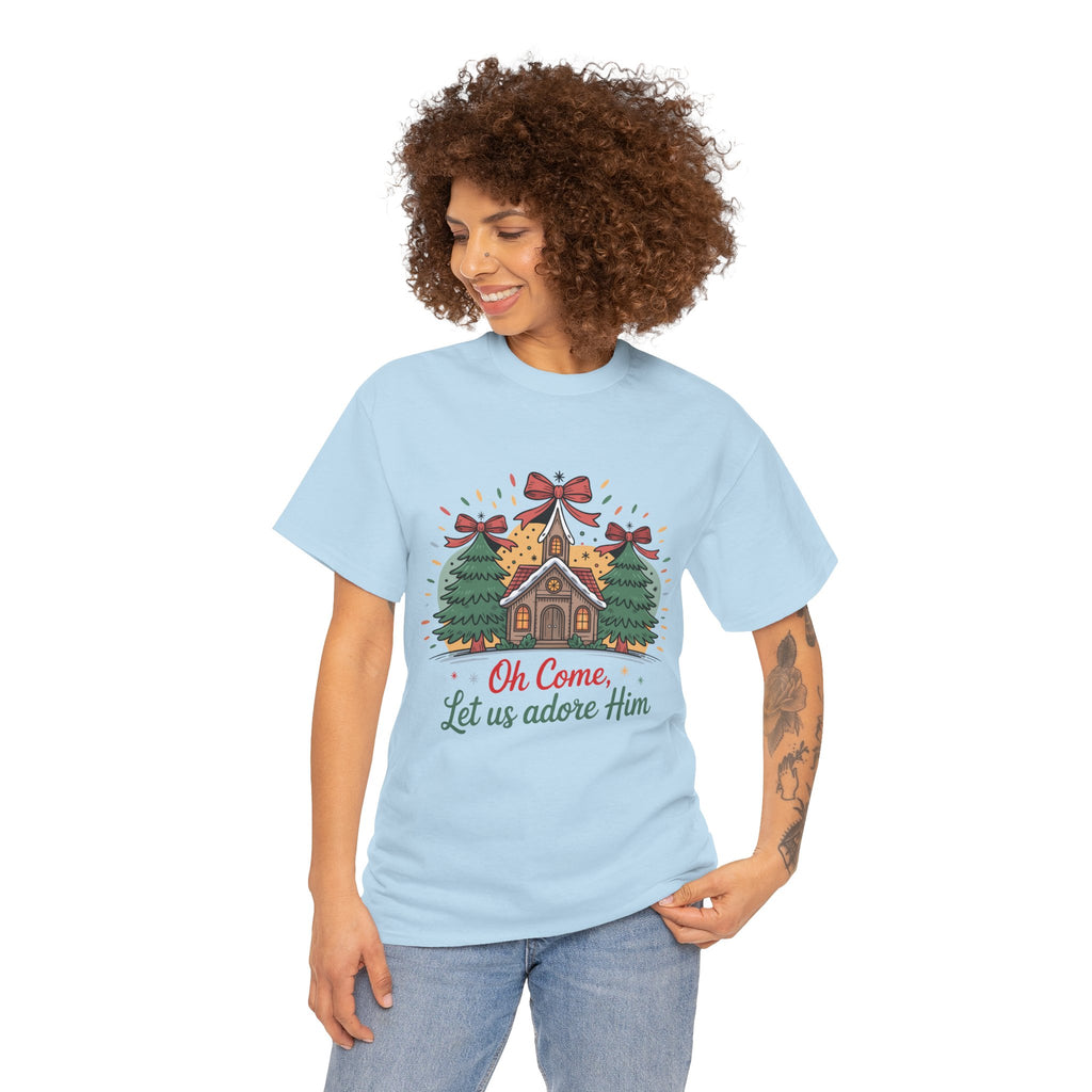 Oh Come Let Us Adore Him Christmas Tee — Church & Trees Holiday Unisex Cotton Tshirt