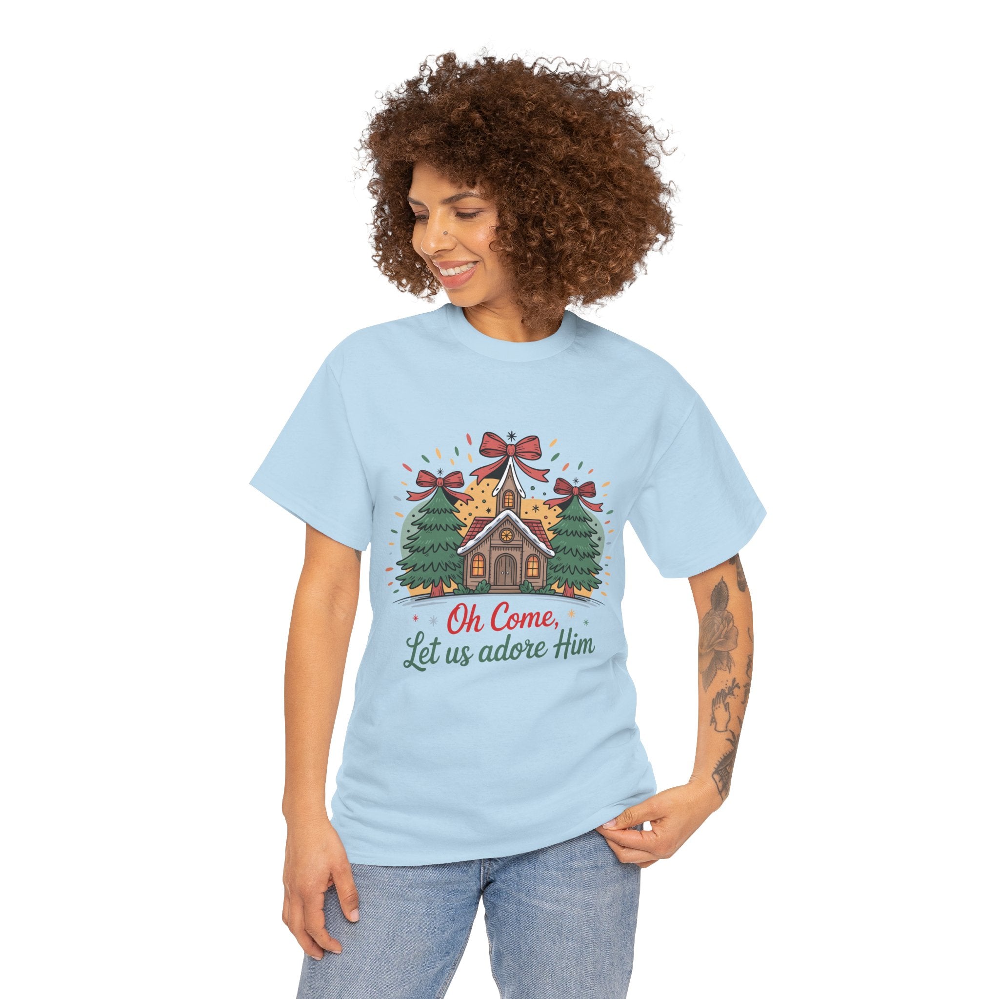 Oh Come Let Us Adore Him Christmas Tee — Church & Trees Holiday Unisex Cotton Tshirt