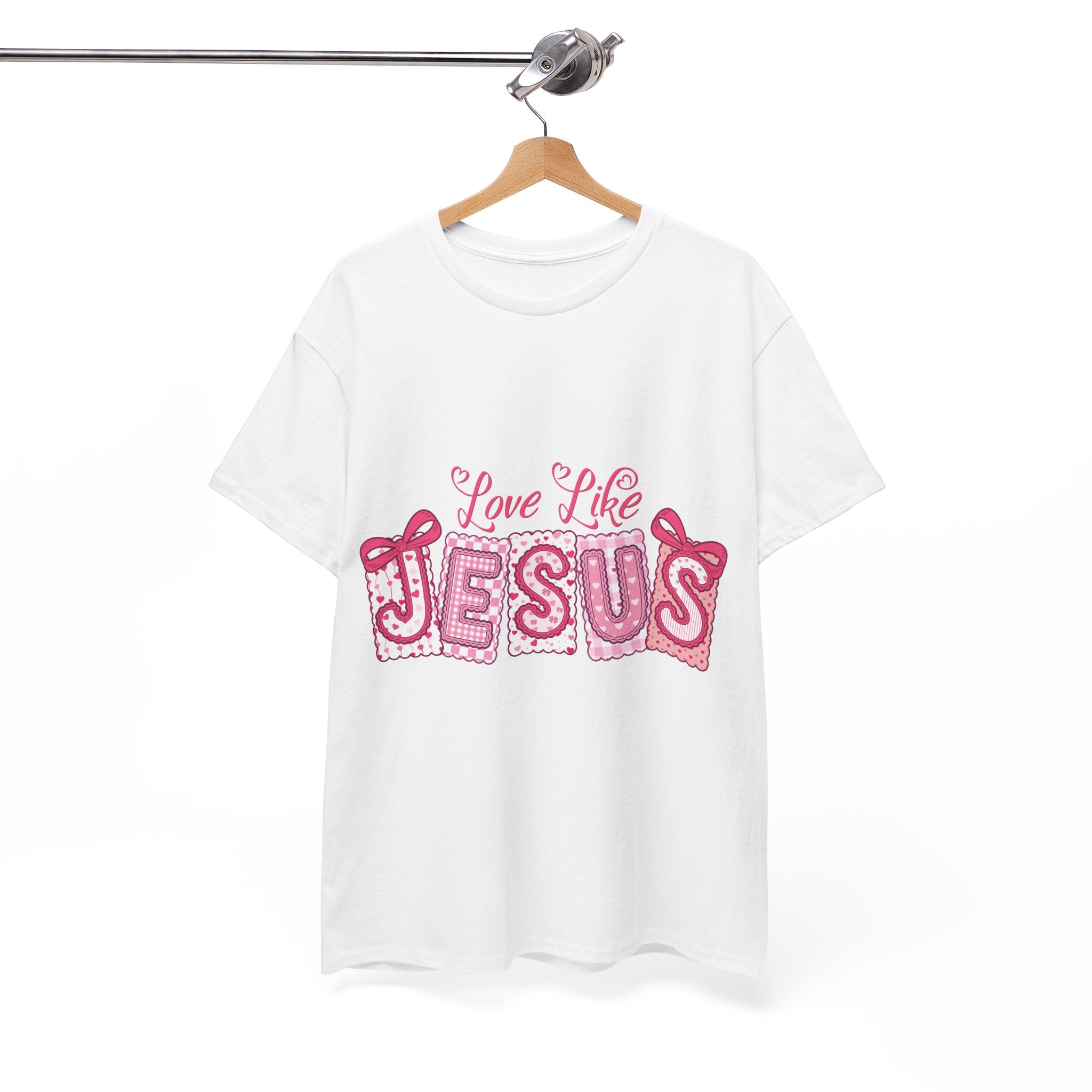 Love Like Jesus Patchwork Tee — Pink Stitched Heart Graphic.Unisex Cotton Tee