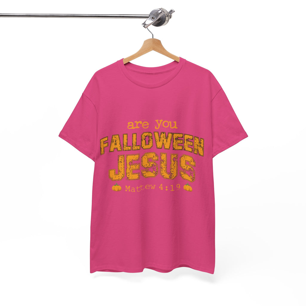 Christian Halloween T-Shirt — “Are You Falloween Jesus? Matthew 4:19” Distressed Pumpkin Design. Unisex Cotton Tee