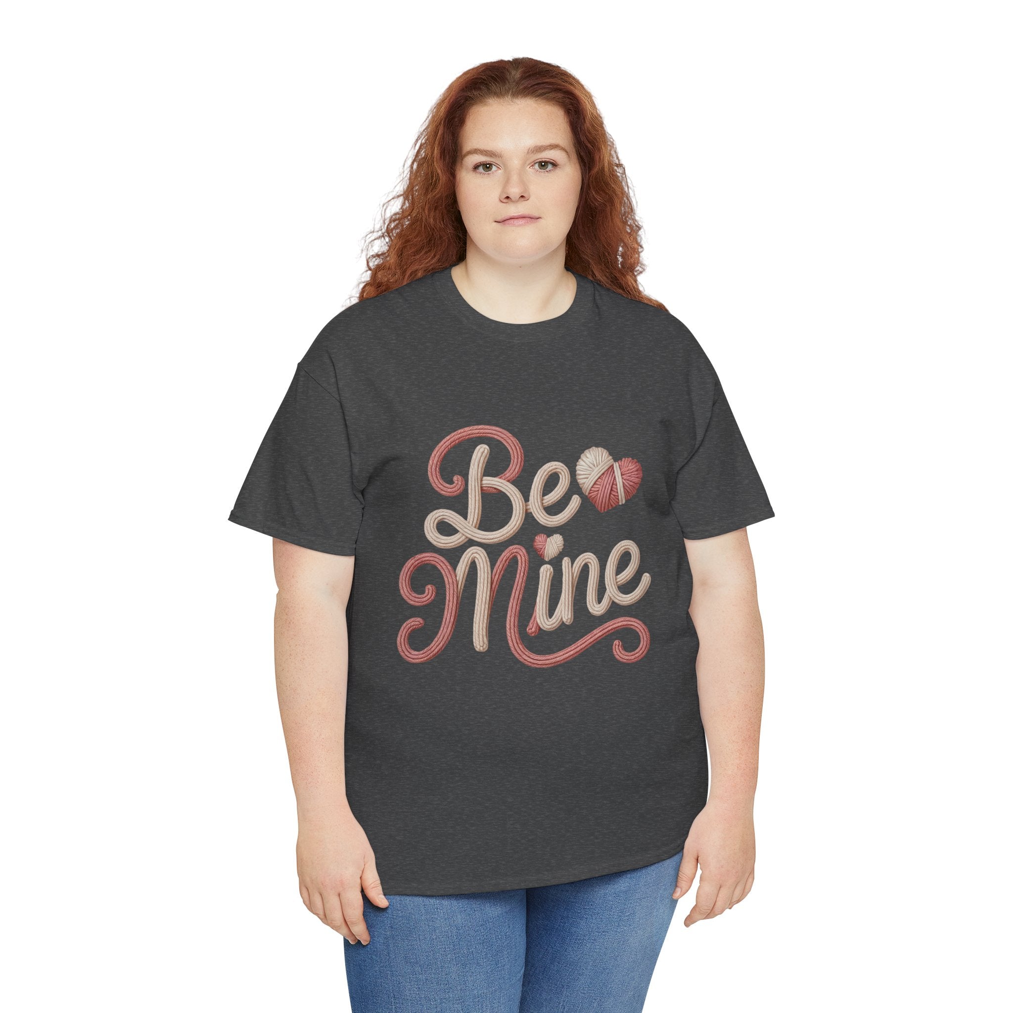 Be Mine Yarn Heart T-Shirt — Valentine’s Faux-Yarn Pink & Cream Unisex Cotton Tee