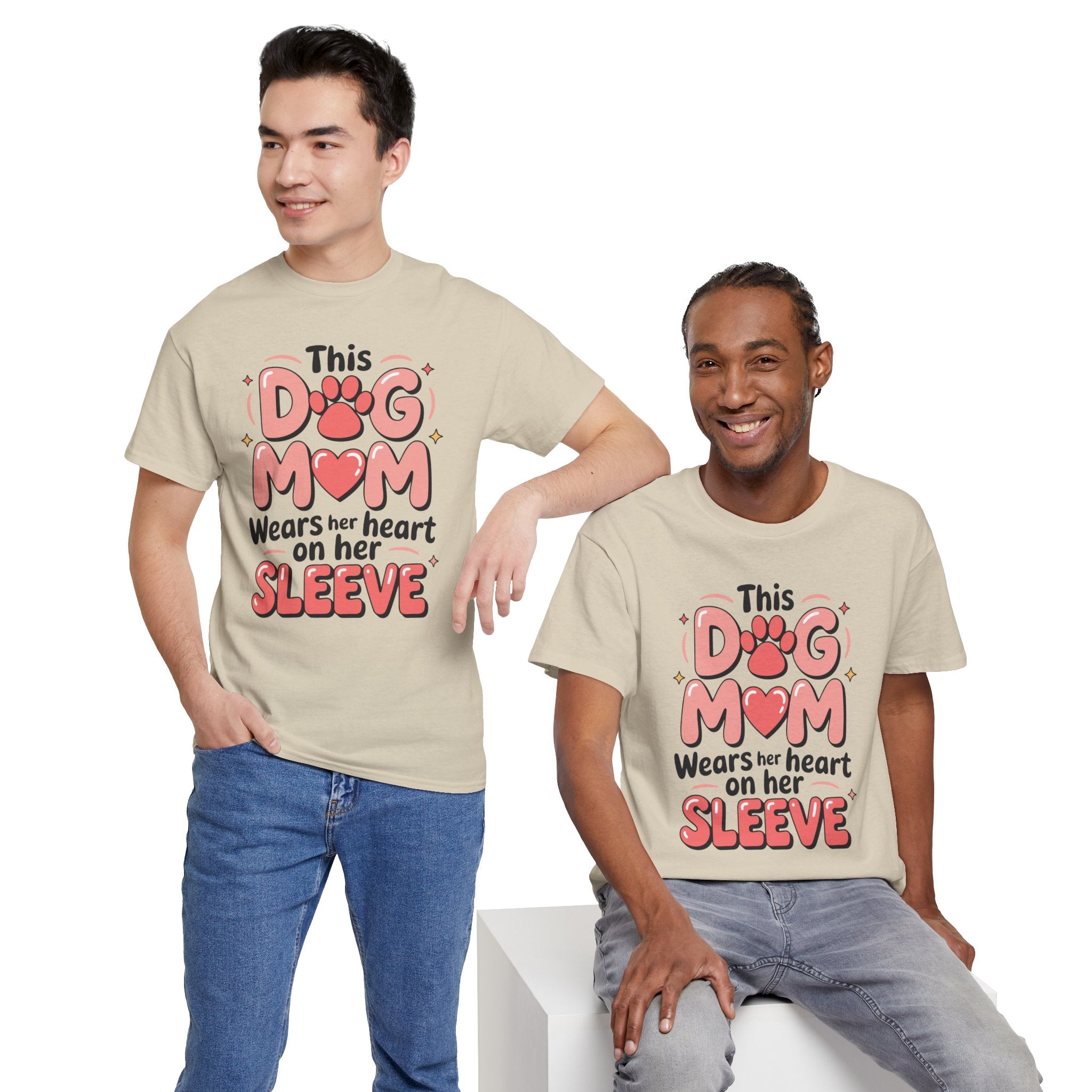 Dog Mom T-Shirt — "This Dog Mom Wears Her Heart on Her Sleeve" Paw & Heart Unisex Cotton Tee