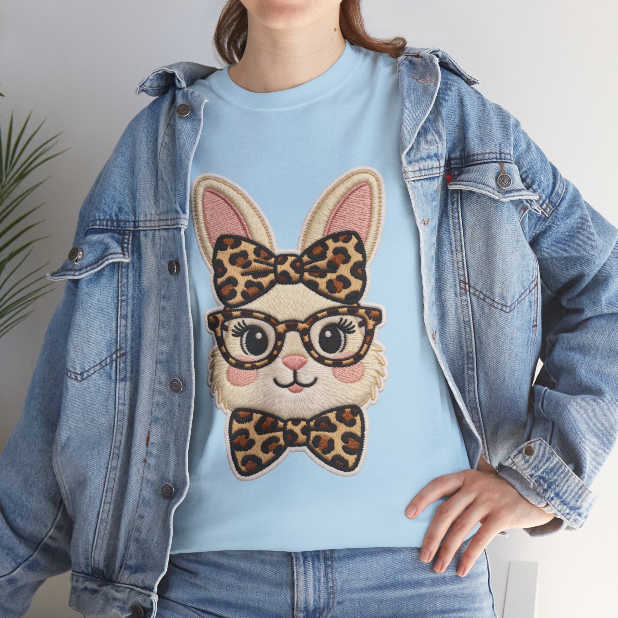 Leopard Bow Bunny Embroidered Tee — Cute Bunny Face with Glasses Patch Unisex Cotton Tee