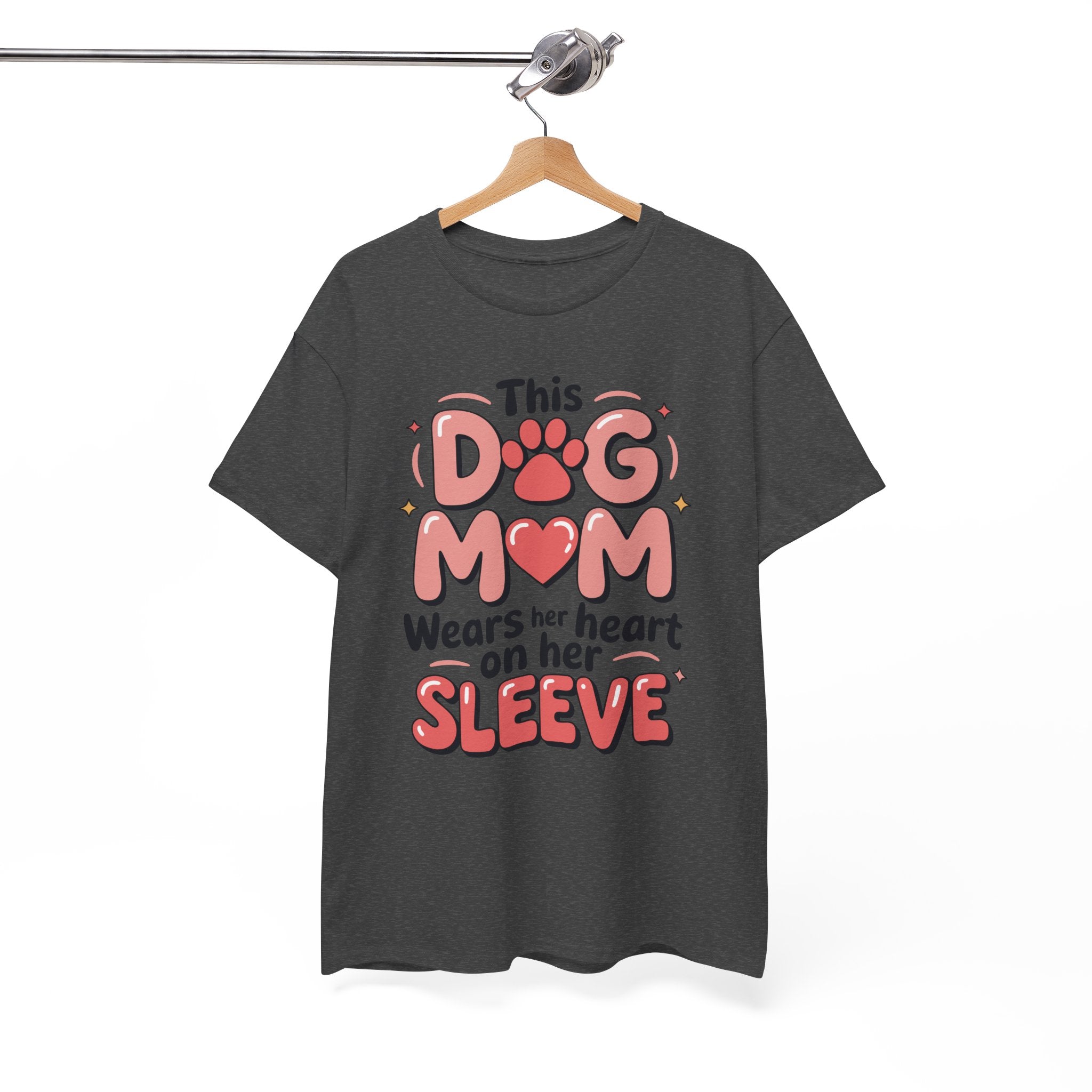 Dog Mom T-Shirt — "This Dog Mom Wears Her Heart on Her Sleeve" Paw & Heart Unisex Cotton Tee