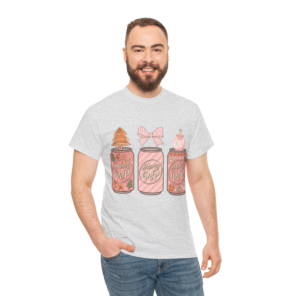 Merry Pop Christmas Soda Can Tee — Pastel Holiday Graphic Unisex Cotton T-Shirt