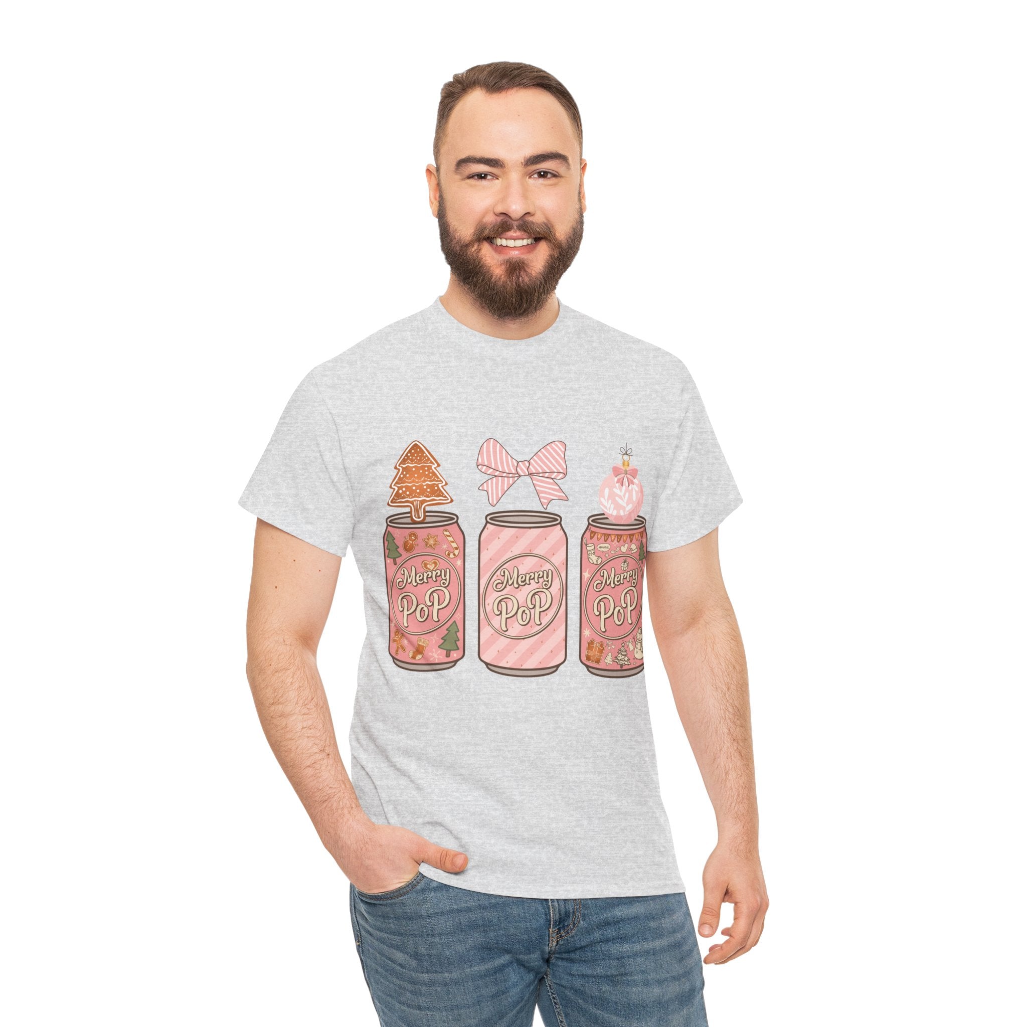 Merry Pop Christmas Soda Can Tee — Pastel Holiday Graphic Unisex Cotton T-Shirt