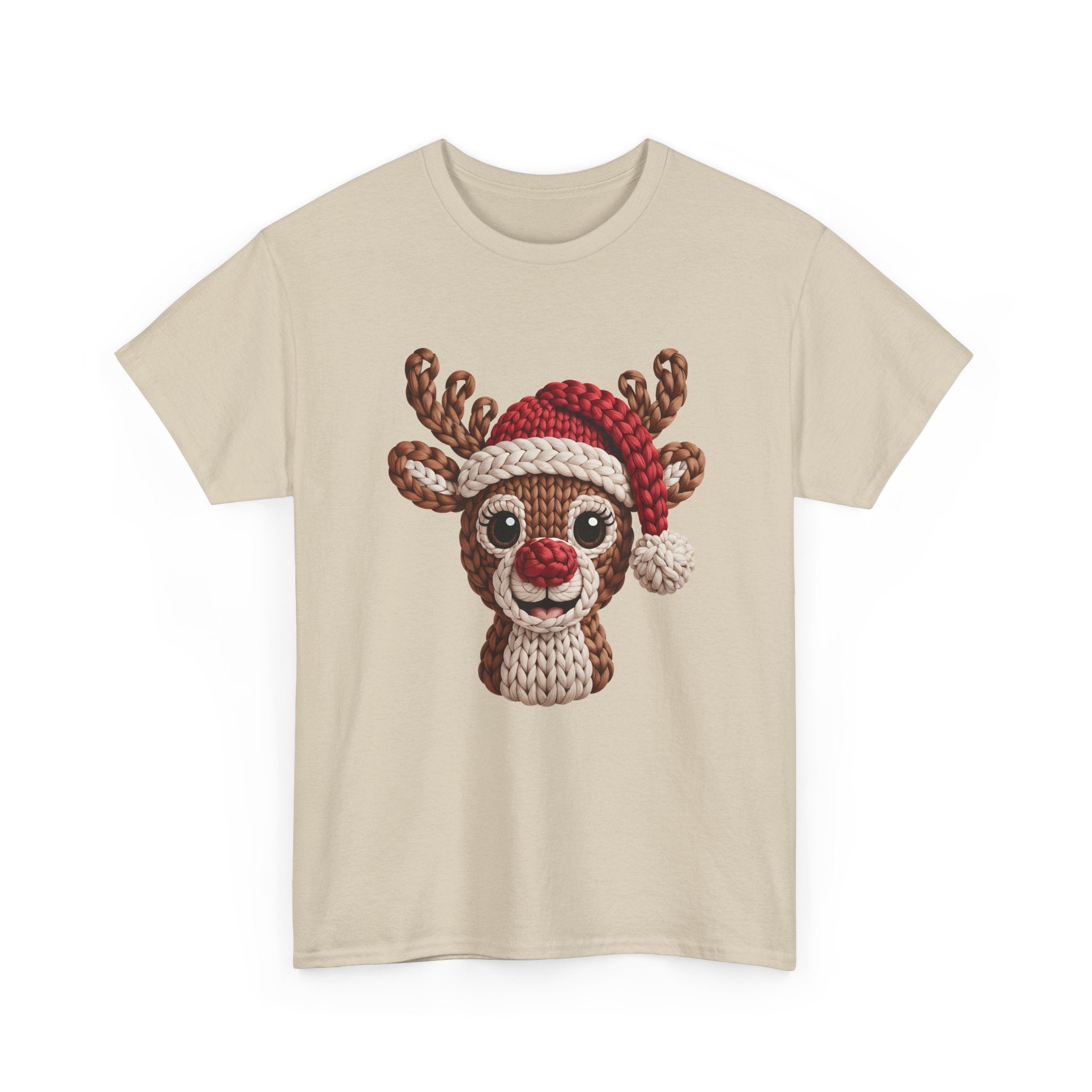 Reindeer in Santa Hat Cotton Tee — Joyful Faux-Yarn Holiday Unisex Coton T-Shirt