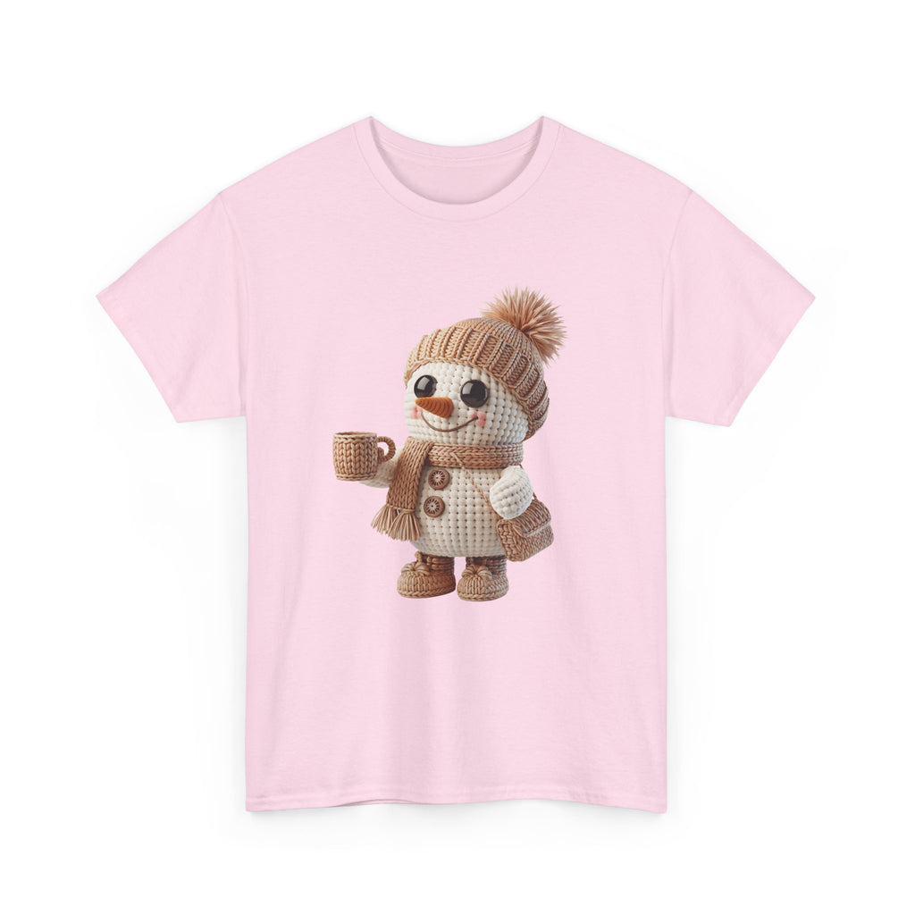 Cozy Snowman Tee — Smiling Snowman with Mug, Scarf & Beanie. Unisex Cotton Tee