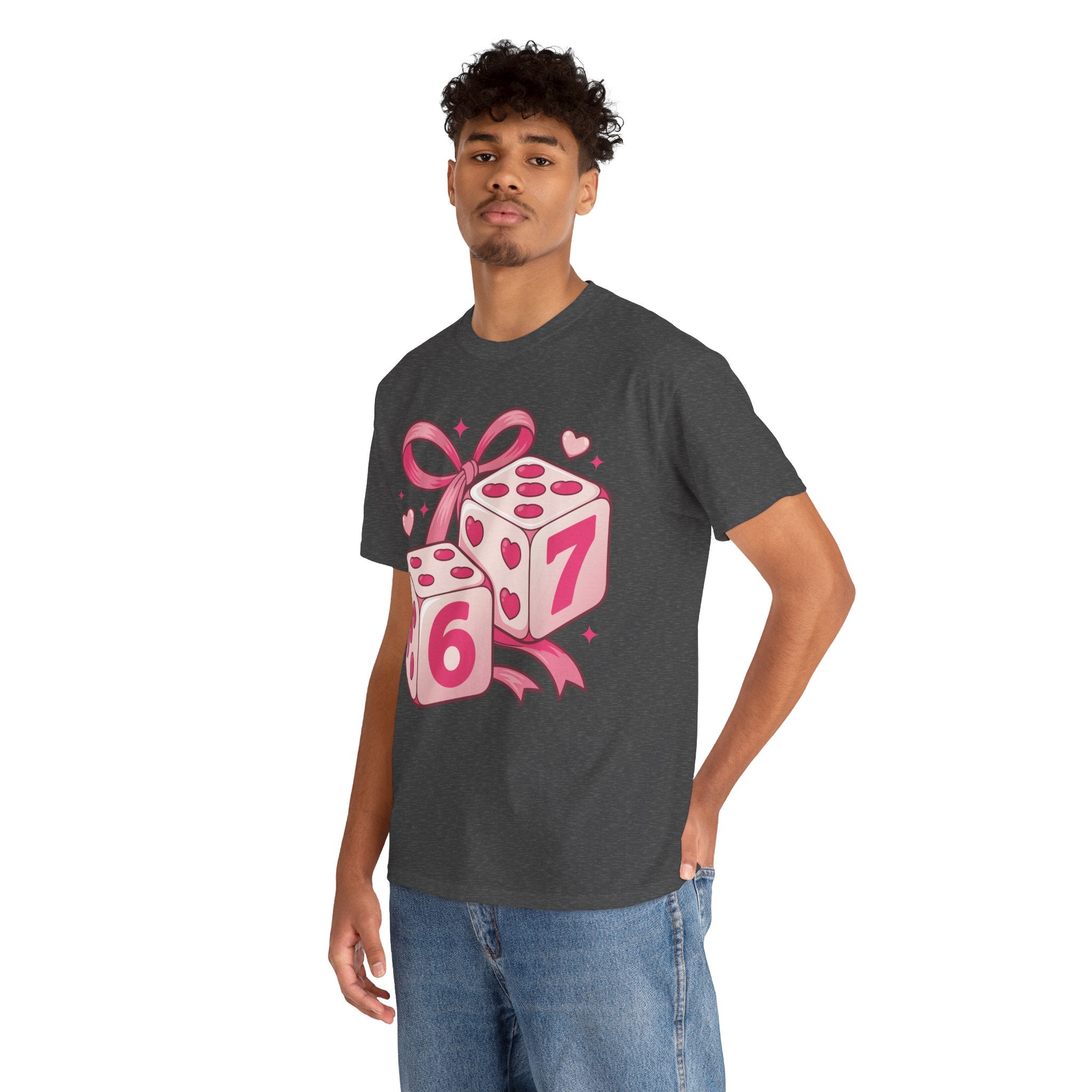 Lucky Love Dice T-Shirt — Pink Heart Dice with Bow..Unisex Cotton Tee
