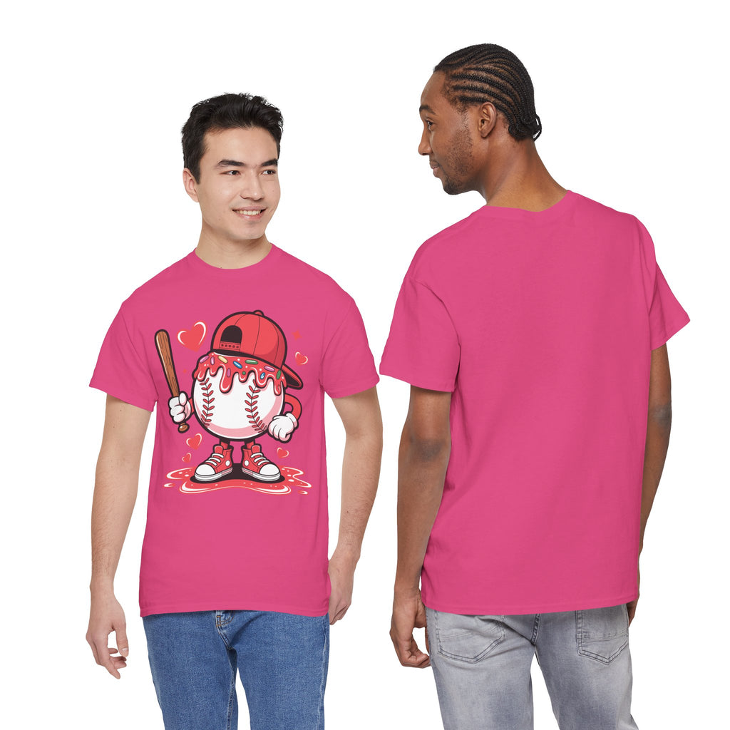 Cute Baseball Character T-Shirt — Red Cap & Icing Top Graphic with Hearts Unisex Cotton Tee